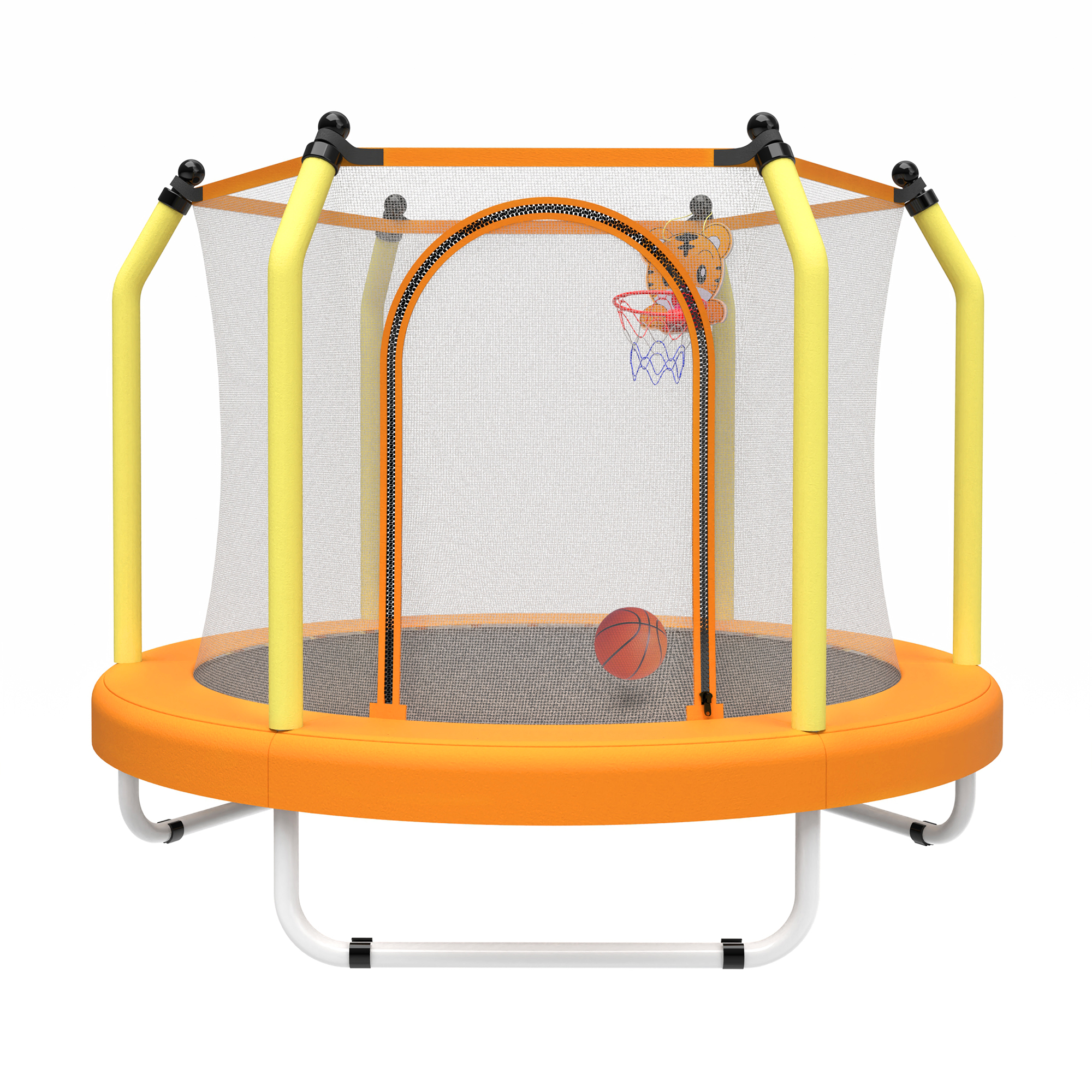 thumbnail video image 2 of SHINPT 55" Toddler Trampoline with Enclosure, Child's Mini Trampoline for Boys&Girls, Indoor & Outdoor Kids Trampoline with Basketball Hoop, Entertainment Trampoline for Backyard, Patio, 2 of 11