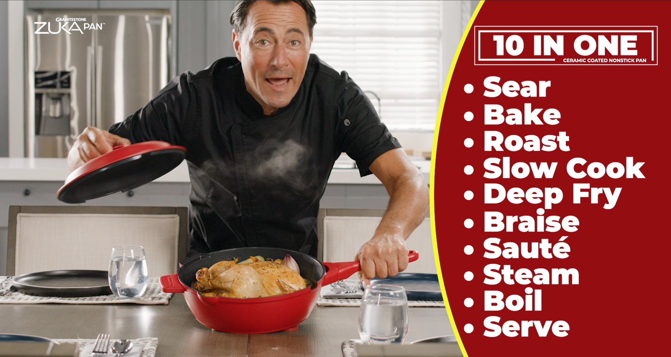 thumbnail video image 2 of ZUKA Ceramic Pan by Granitestone, 10" Ceramic Deep Frying Pan Set with Steamer, Large Saute Pan with Lid, Everyday Pan Skillet, Non Toxic Pans for Cooking, Nonstick, Induction Oven & Dishwasher Safe, 2 of 8