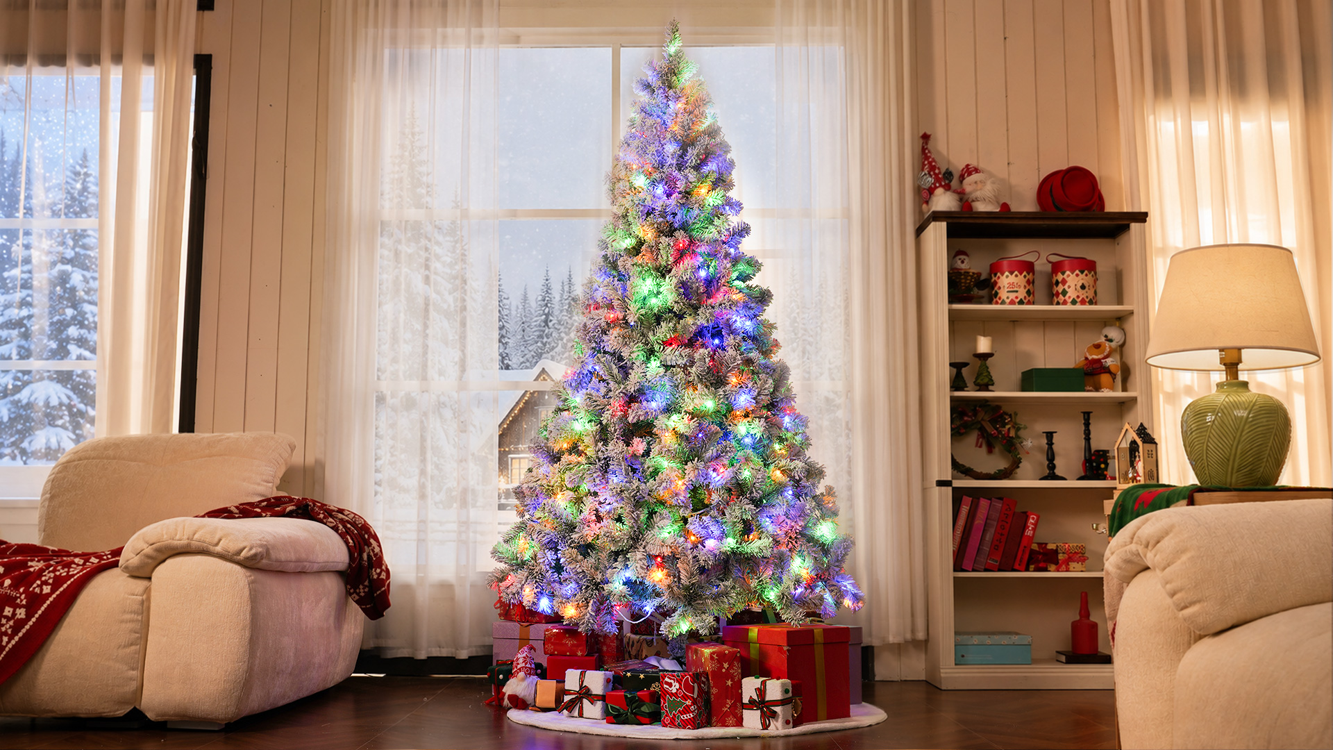 thumbnail video image 2 of Yexmas 7.5FT Pre-Lit Snow Flocked Christmas Tree,Artificial White Christmas Tree with Large Christmas Tree Storage Bag,11 Modes Warm White & Multicolor LED Lights for Xmas Decoration, 2 of 20