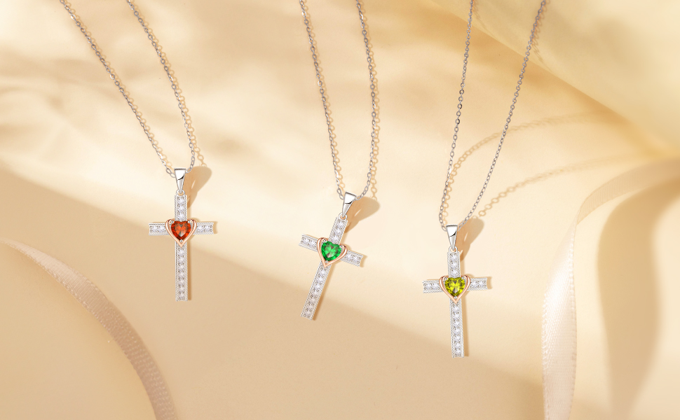 thumbnail video image 2 of Birthstone Cross Necklace for Women, 925 Sterling Silver Heart Cross Pendant Necklace, Fine Cross Jewelry Gifts for Her Wife Mom Women, 2 of 9