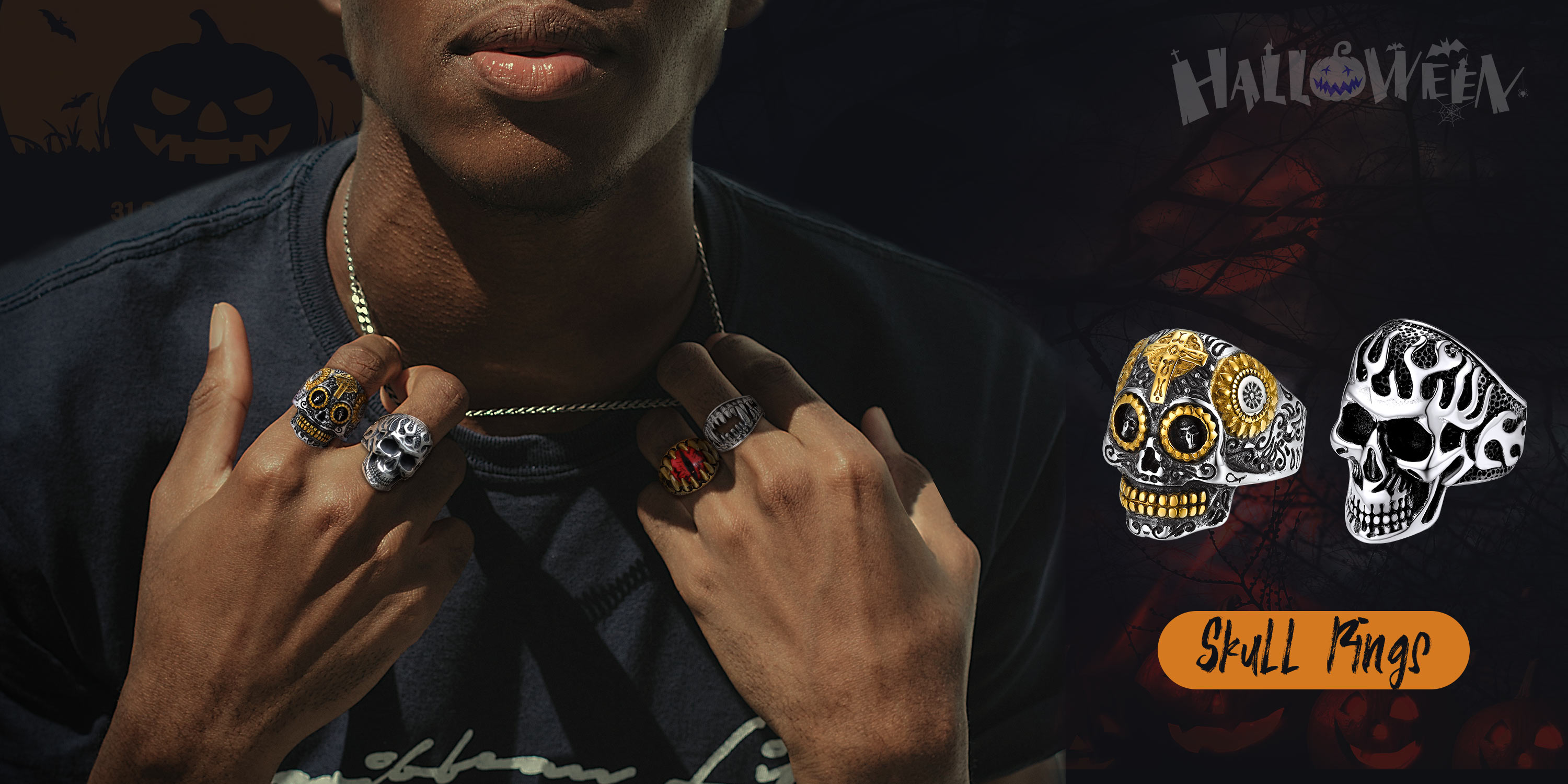 thumbnail video image 2 of KeyStyle Skull Rings for Men Women Stainless Steel Statement Ring Vintage Biker Skeleton Gothic Ring Halloween Jewelry Party Gift for Boyfriend, 2 of 9