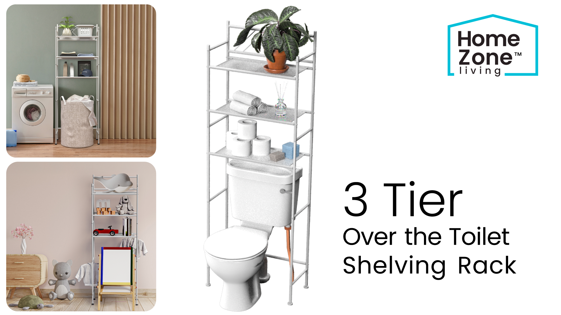 thumbnail video image 2 of Home Zone Living 3 Tier Over The Toilet Bathroom Storage Rack, White, 2 of 8