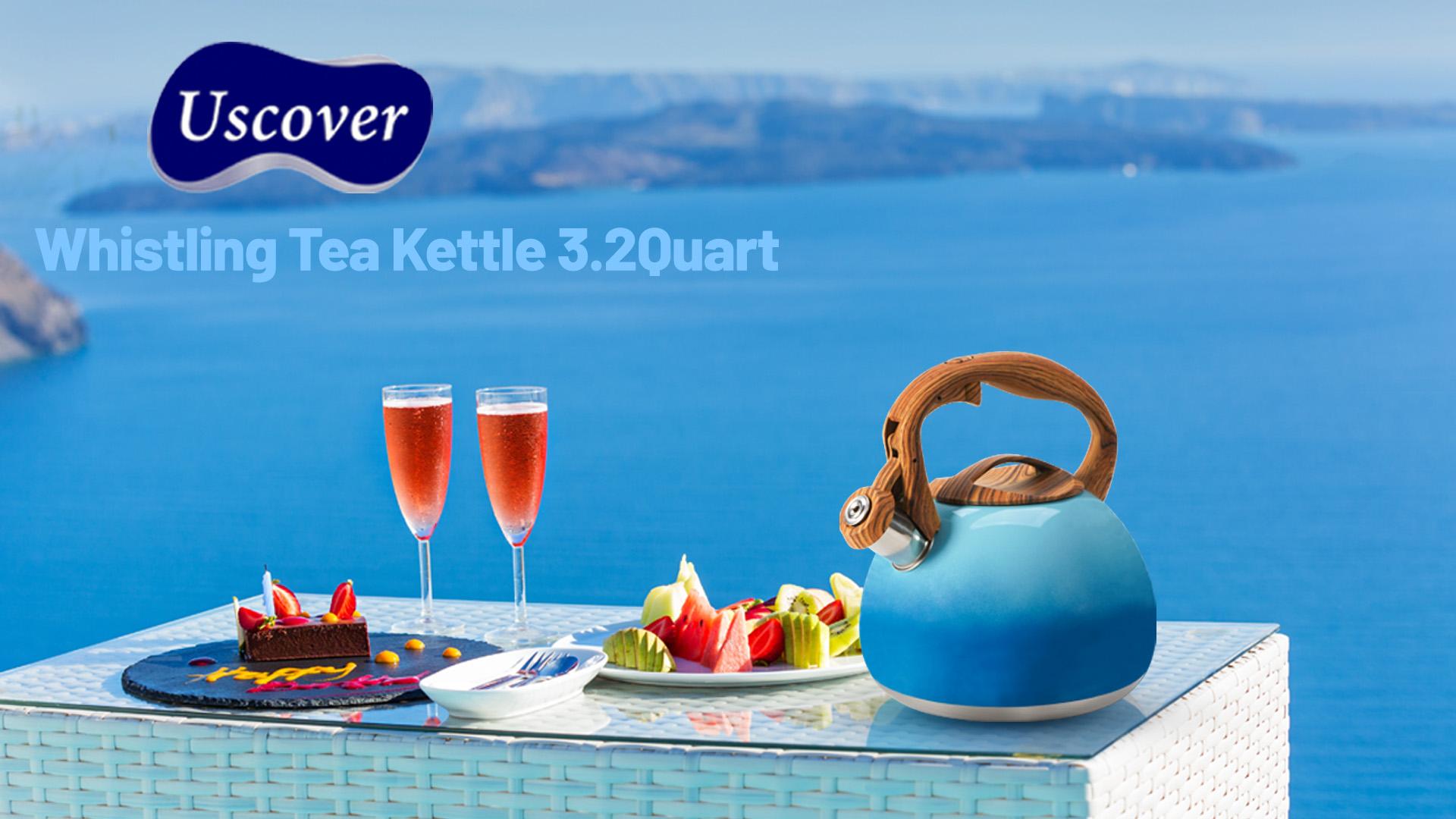 thumbnail video image 2 of Uscover Tea Kettle for Stove Top, 3.1QT/3L Whistling Tea Kettles for Boiling Water Coffee or Milk, Gradient Blue Water Pot with Wood Parttern Handle, Stainless Steel Tea Pots for Home and Kitchen, 2 of 13