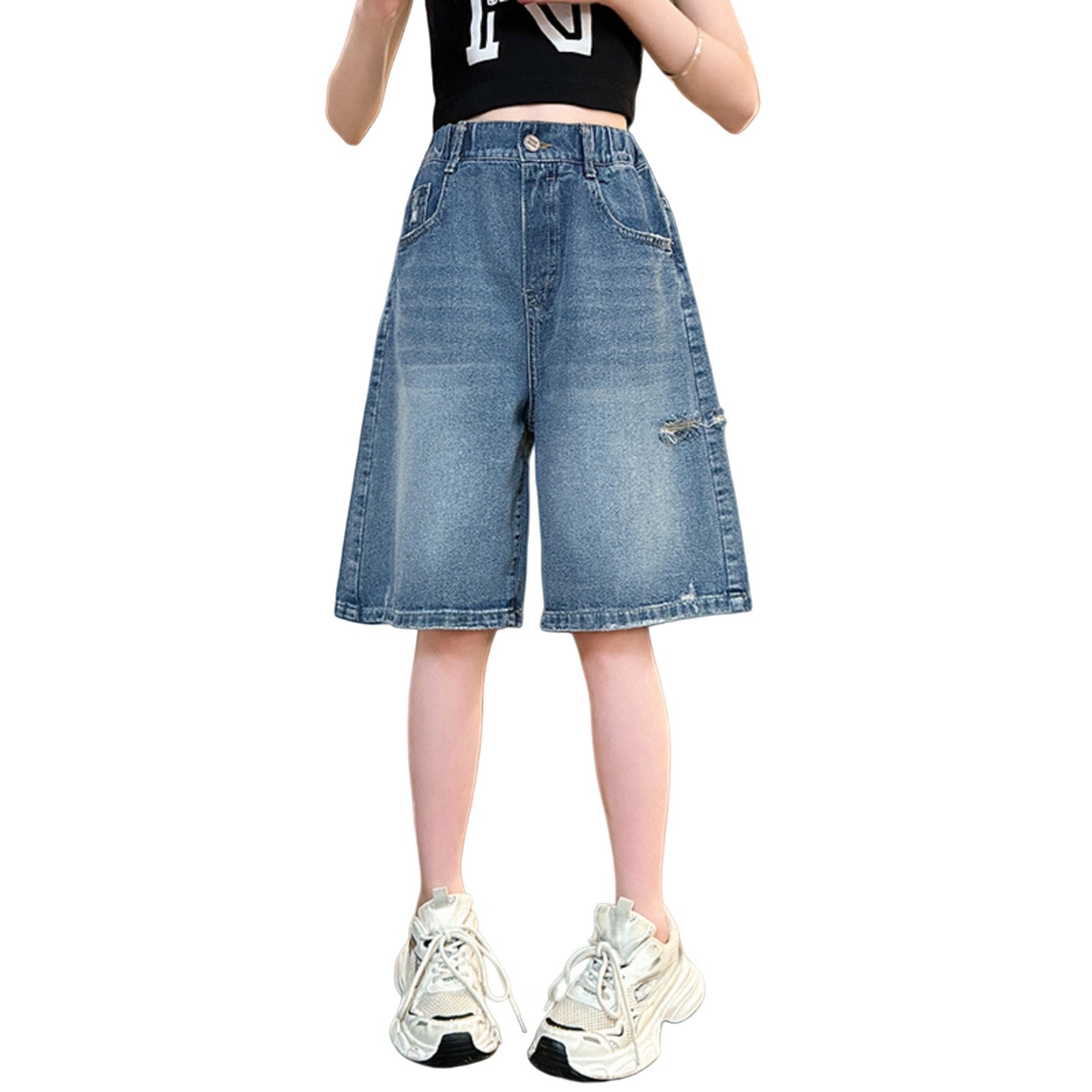 thumbnail video image 2 of Ruyang Girls Baggy Jeans Shorts Y2k Hip Hop Streetwear Denim Shorts Unisex Kid Vintage Fashion Bermuda Jorts Star Embroidery Clothes, 2 of 9