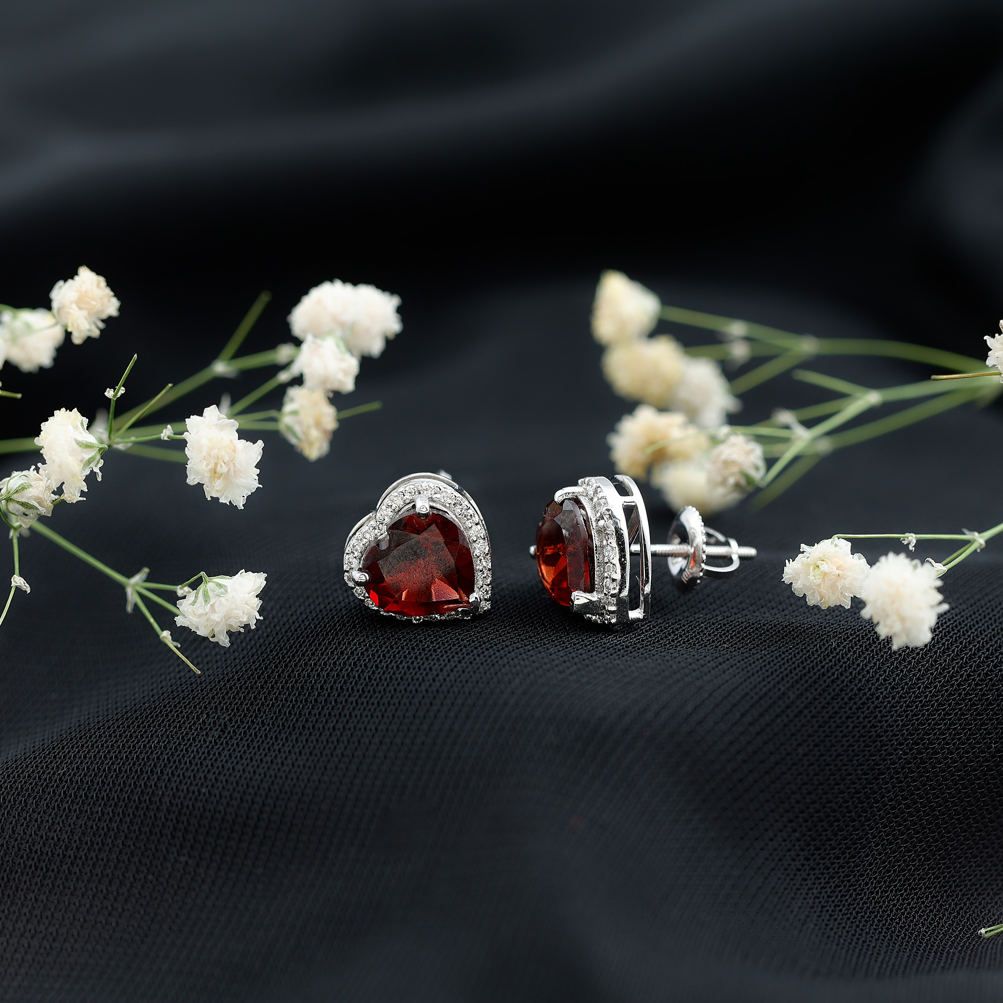 thumbnail video image 2 of Rosec Jewels Heart Shape Garnet Stud Earrings with Diamond Halo - 8 mm - AAA Grade, 925 Sterling Silver, 2 of 8