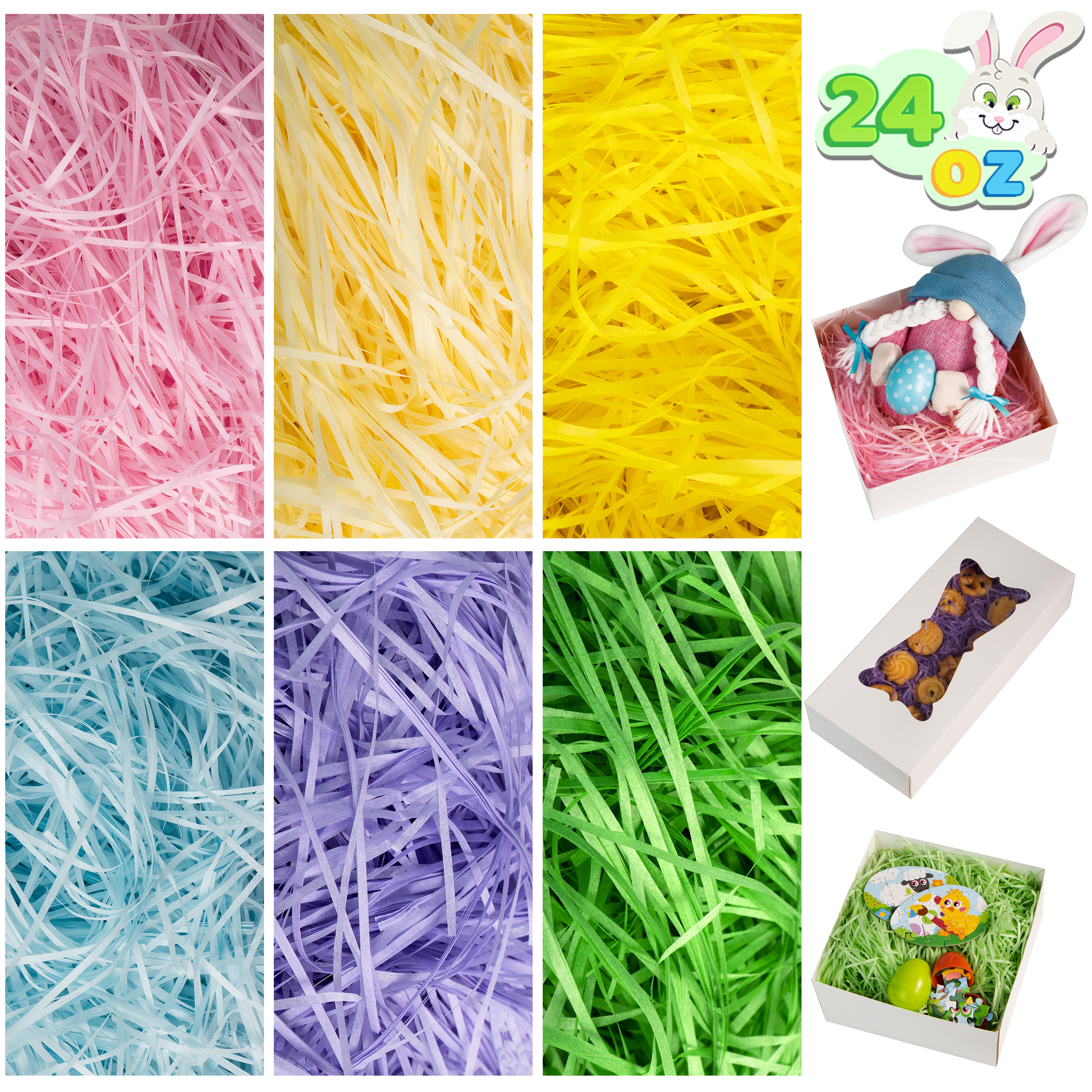thumbnail video image 2 of Joyfy 24oz (680g) 6 colors Easter Basket Grass, Easter Basket Filler Stuffers, Recyclable Shred Paper Grass for Easter Egg Hunt Decor, Party Favors, School Class Event Decoration, 2 of 10