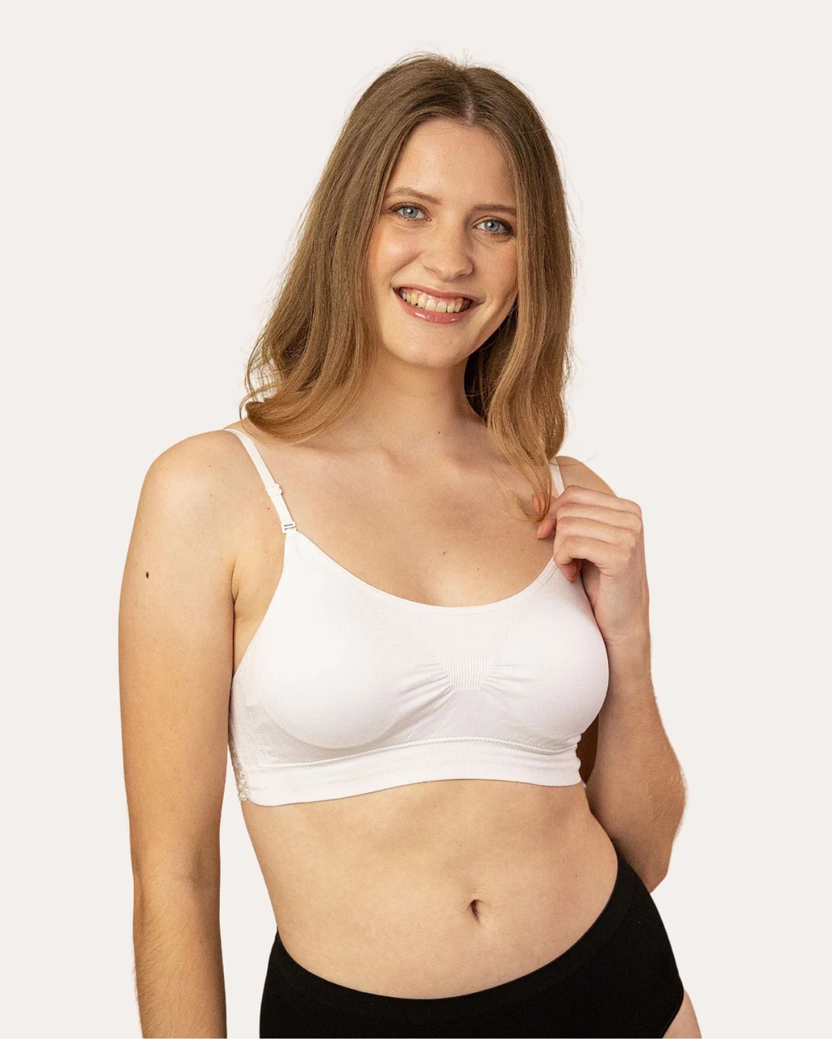 thumbnail video image 2 of Coobie Seamless Lace Back Scoopneck Cami Bra 9015,White,Full Size, 2 of 8