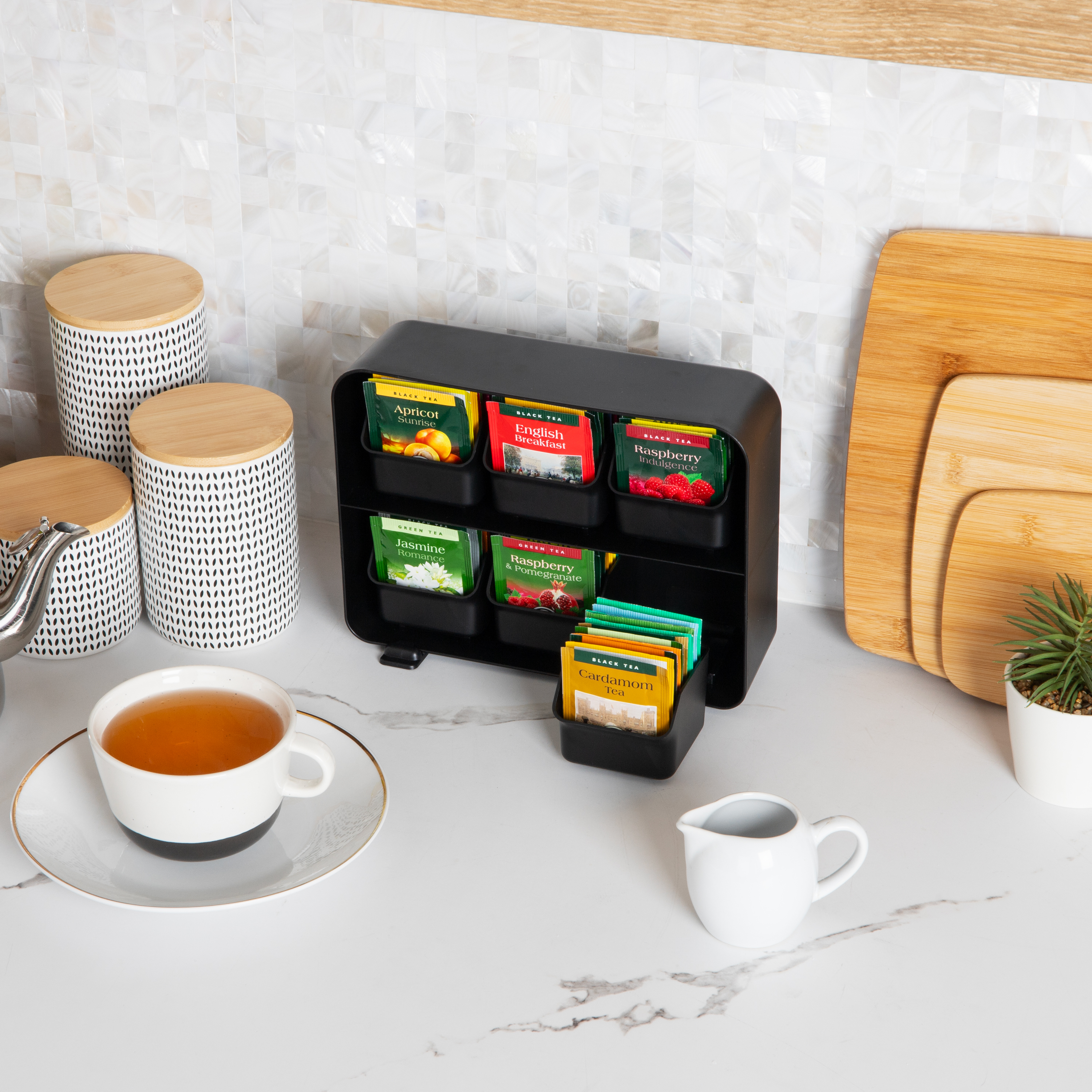 thumbnail video image 2 of Mind Reader Tea Bag Organizer, Tea Station Organizer, Plastic, 10.25"L x 3.25"W x 7.75"H, Black, 2 of 8