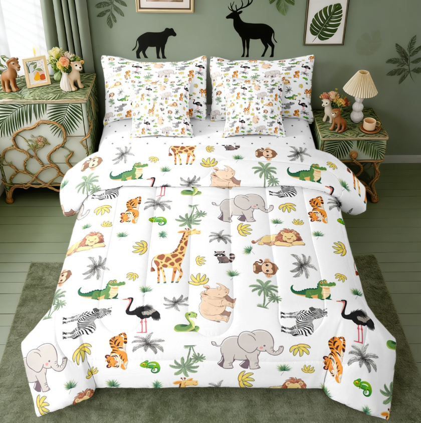 thumbnail video image 2 of jejeloiu Giraffe Elephant Zebra Bedding Comforter Set 7pcs,Kawaii Zoo Anima Queen Bedding Sets,Hawaii Coconut Tree Queen Sheet Sets For Boys Kids,Microfiber Bedroom Decor Reversible, 2 of 9