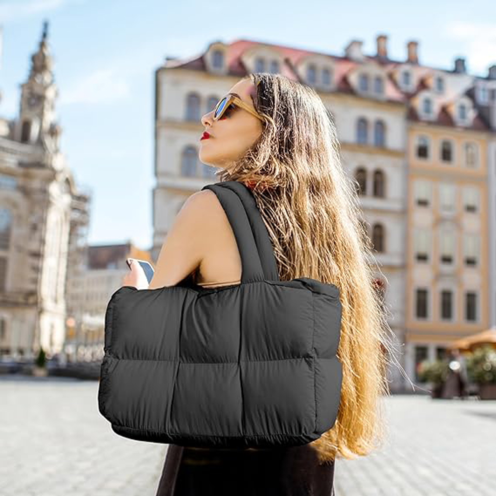 thumbnail video image 2 of Puffer Tote Bag for Women, Large Quilted Puffy Handbag Lightweight Satchel Purse for Work Travel Gym Shop, 2 of 11