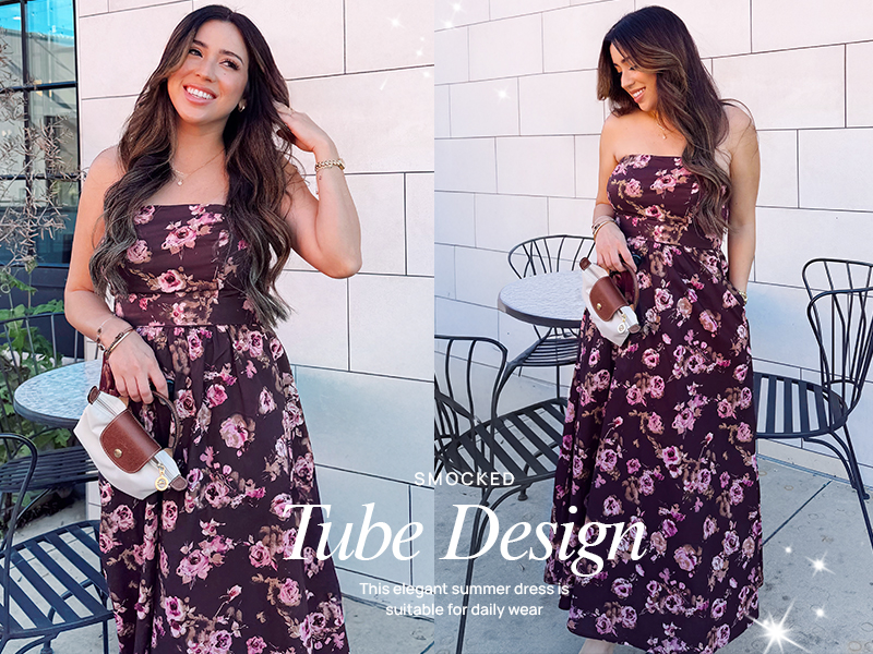 thumbnail video image 2 of MEROKEETY Women's 2026 Summer Strapless Tube Floral Maxi Dress Boho Tie Flowy Beach Wedding Guest Long Sundress, Coffee, XL, 2 of 5