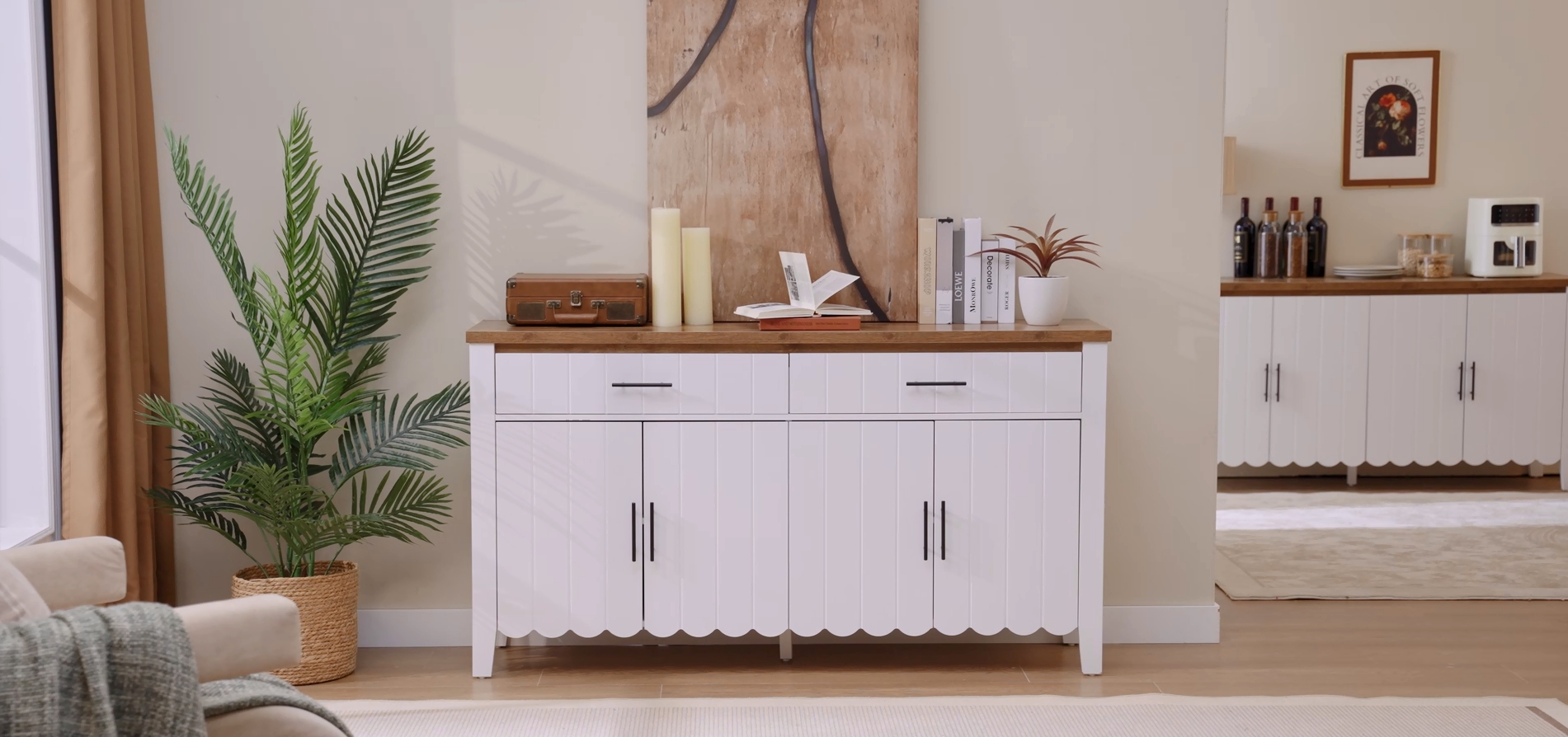 thumbnail video image 2 of Onbrill Buffet Cabinet with Drawers, 63" Large Sideboard Buffet Storage Cabinet with Shelves and Doors, Modern Farmhouse Coffee Bar Station Wood Kitchen Table for Kitchen, Dining Room, White, 2 of 13