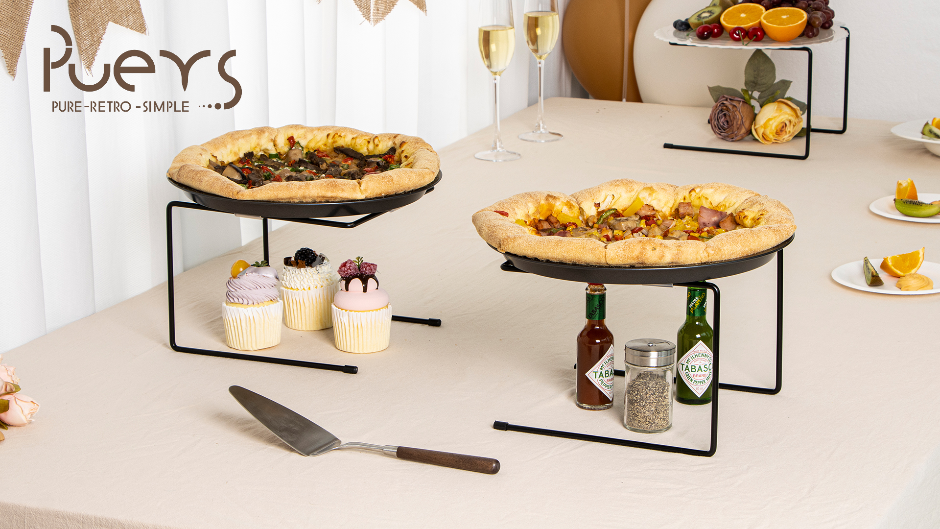thumbnail video image 2 of PUERSI 4 PCS Pizza Stand Holder with Non-Slip Pads, Black Metal Pizza Pan Display Stands, Food Platter Riser Serving Tray for Party Wedding, 2 of 8