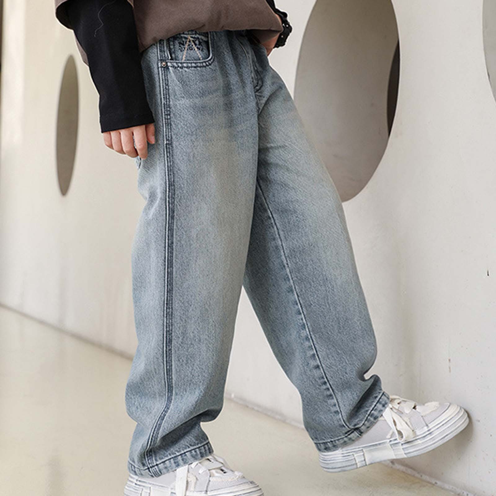 thumbnail video image 2 of WMQPNNS Boys Jeans Kids Fashion Boys Jeans Size 16 Baggy Elastic Waist Straight Leg Skater Denim Pants Casual Loose Streetwear with Pockets(A-Blue, Size 11-12 Years), 2 of 10