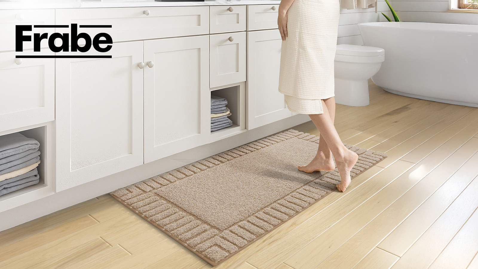 thumbnail video image 2 of FRABE Bathroom Rugs Non Slip with Rubber Backing, Extra Soft Plush Microfiber Bath Rug Absorbent, Machine Washable Bath Mat Quick Dry for Tub, Shower, Hotel, Beige, 24"x36", 2 of 10