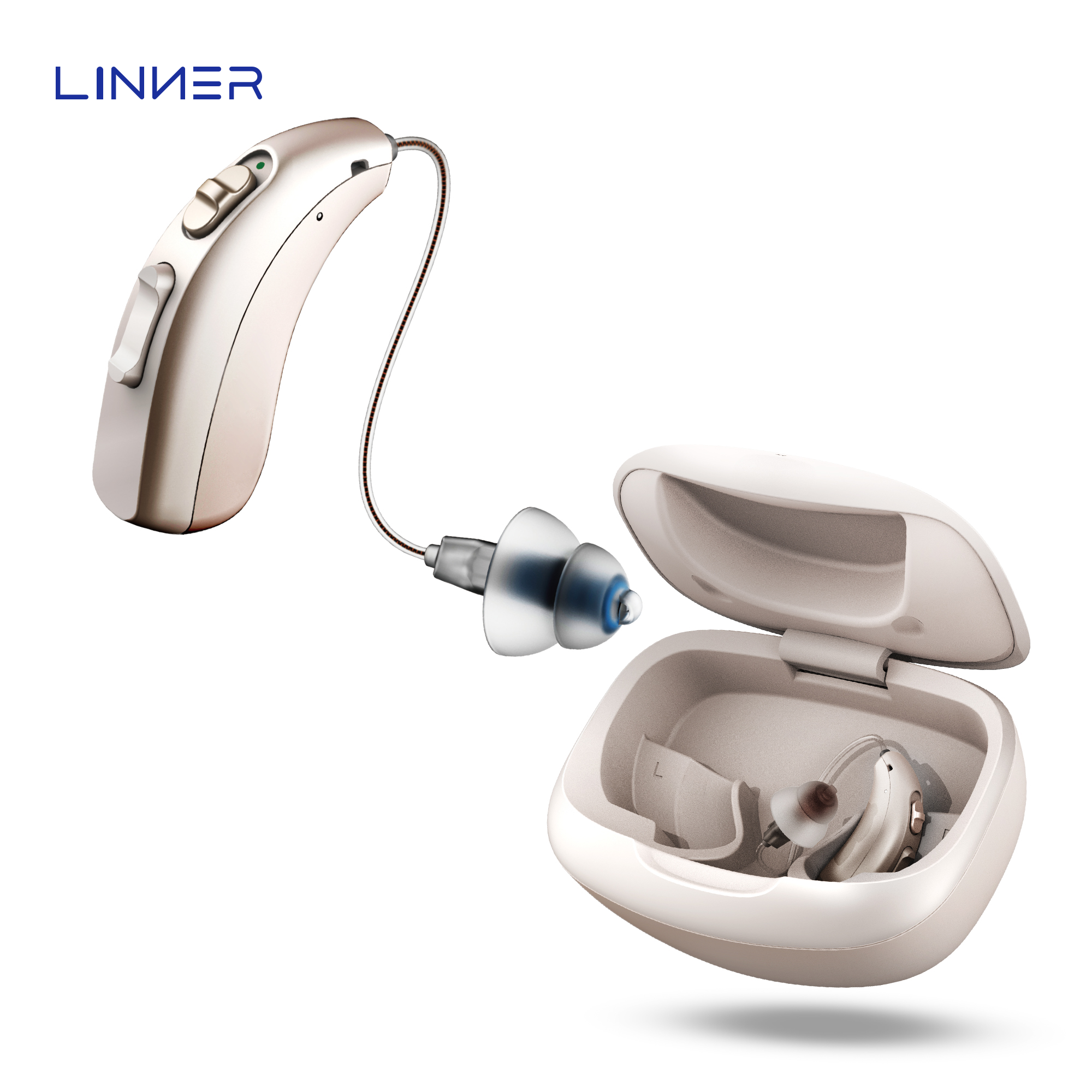 thumbnail video image 2 of LINNER Mercury Hearing Aids Otc Rechargeable with Noise Cancellation, Bte Ric Style, 1 Pair, Beige, 2 of 8