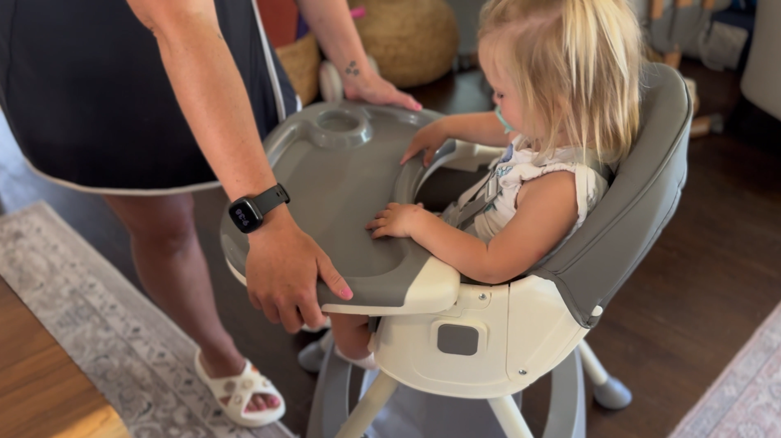 thumbnail video image 2 of Aprpink 6 in 1 Baby Convertible High Chair with 5 Point PU Safety Harness, Pink Striped, 1 Piece, 2 of 9