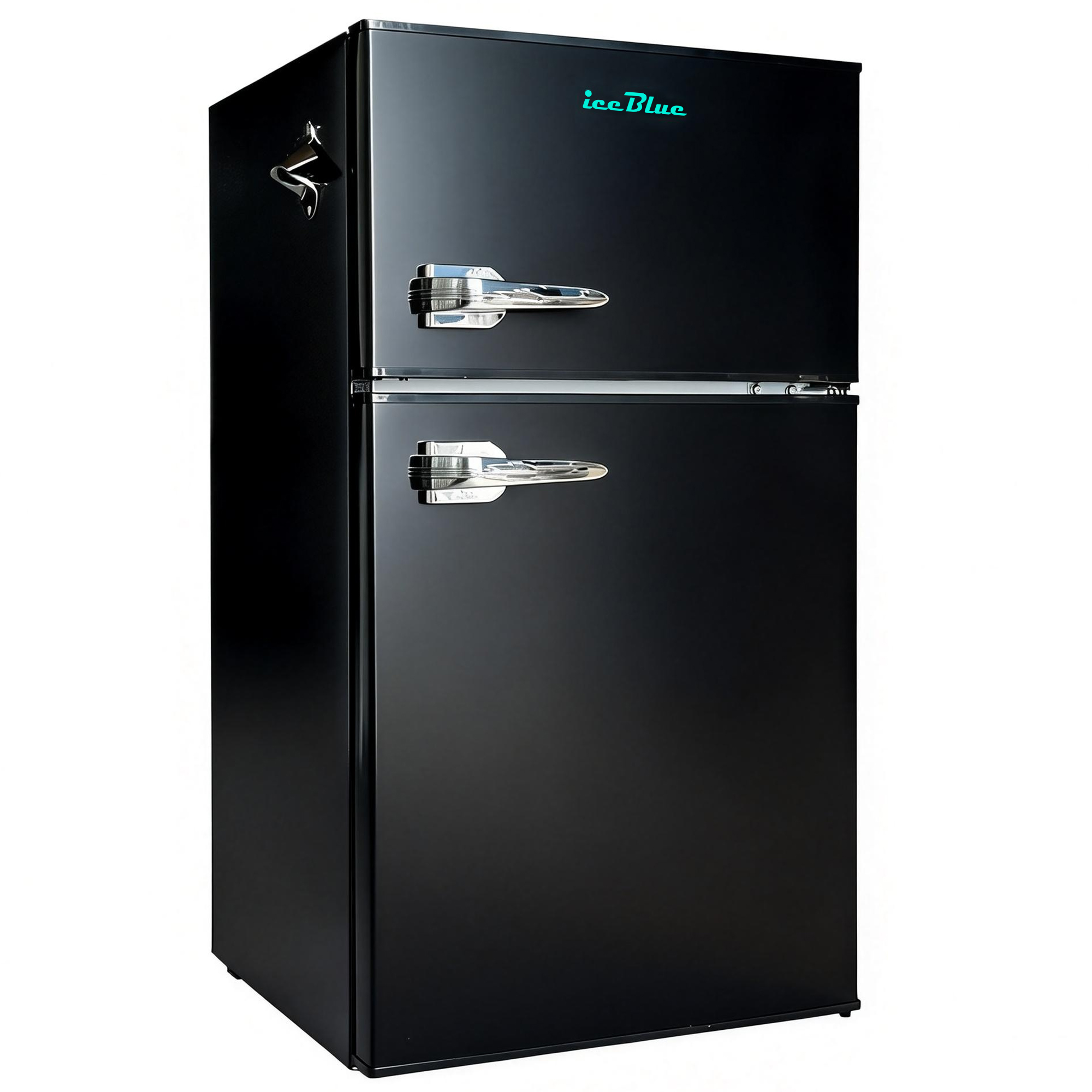 thumbnail video image 2 of IceBlue 3.2 Cu.ft Retro Mini Fridge with Top Freezer, 2-Door Compact Refrigerator, Adjustable Temperature, with Bottle opener, Removable Glass Shelves, Black, 2 of 9