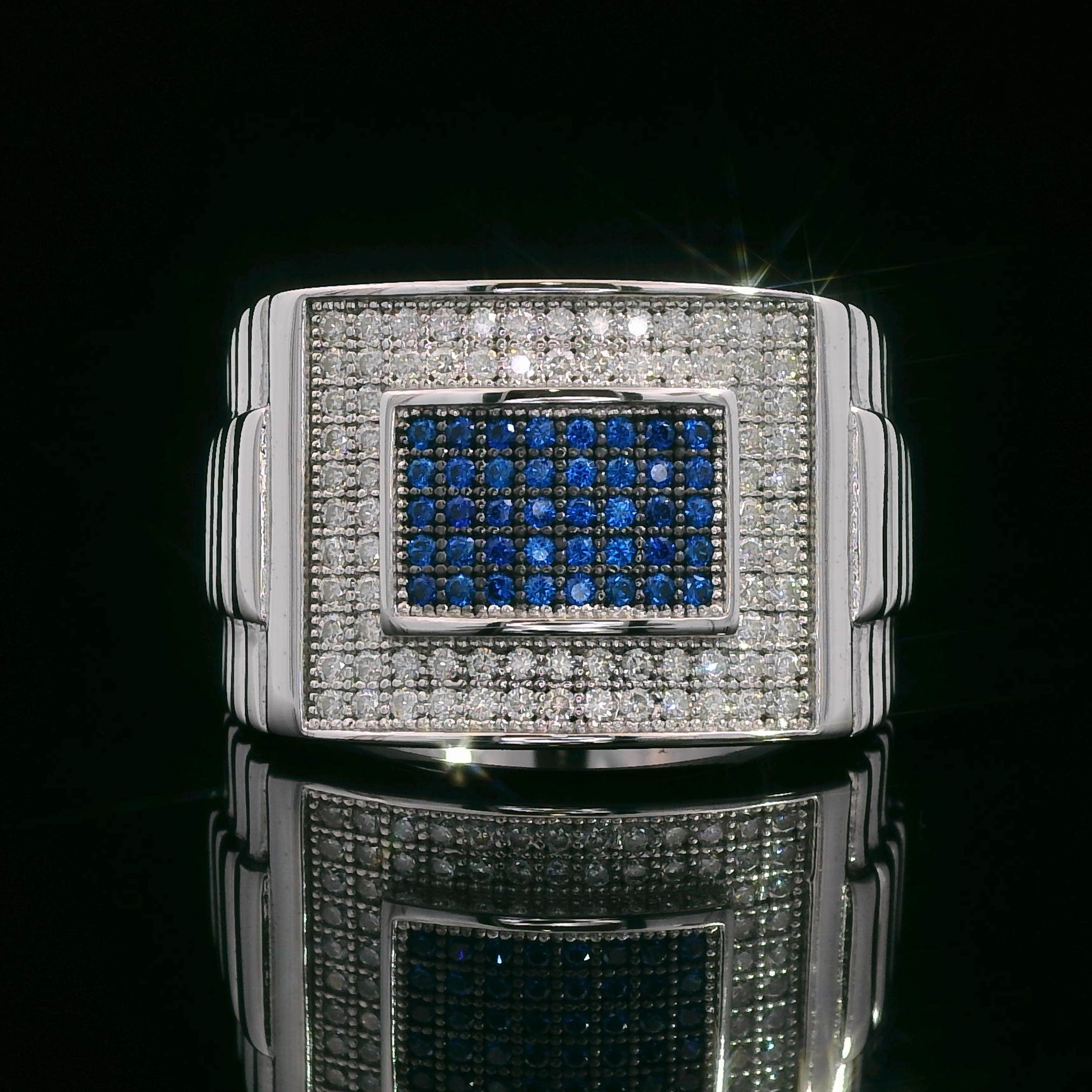 thumbnail video image 2 of Gem Stone King 18K Yellow Gold Plated Silver Blue Created Sapphire and White Moissanite Ring for Men | 0.76 Cttw | Gemstone Birthstone | Available in Size 5, 6, 7, 8, 9, 2 of 4