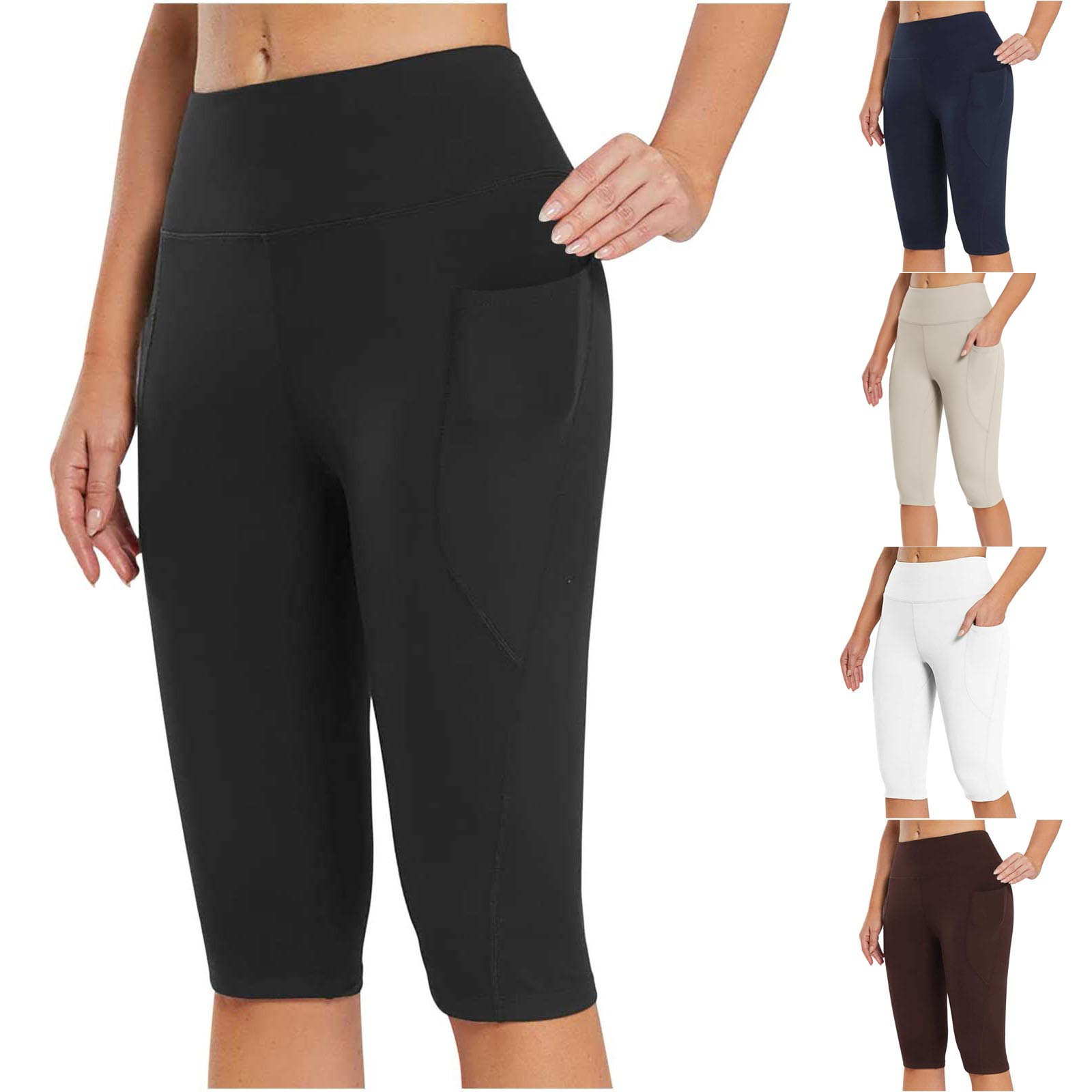 thumbnail video image 2 of WREESH Womens Summer Casual Capris Yoga Pants Knee Length Leggings High Waisted Workout Pants with Pockets Khaki, 2 of 10