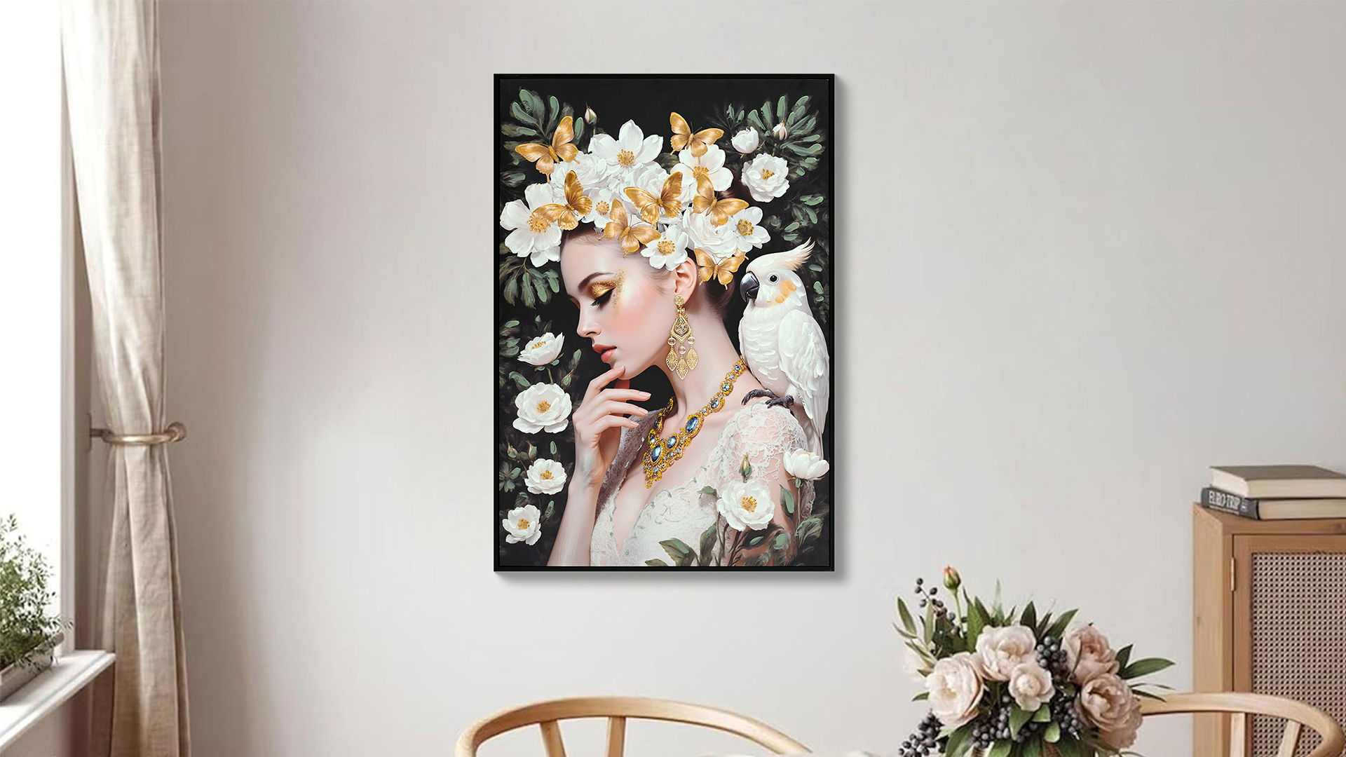 thumbnail video image 2 of Framed Canvas Wall Art 24x36 – Elegant Woman with White Flowers, Golden Butterflies & White Cockatoo for Living Room, Bedroom, Home Office, 2 of 12