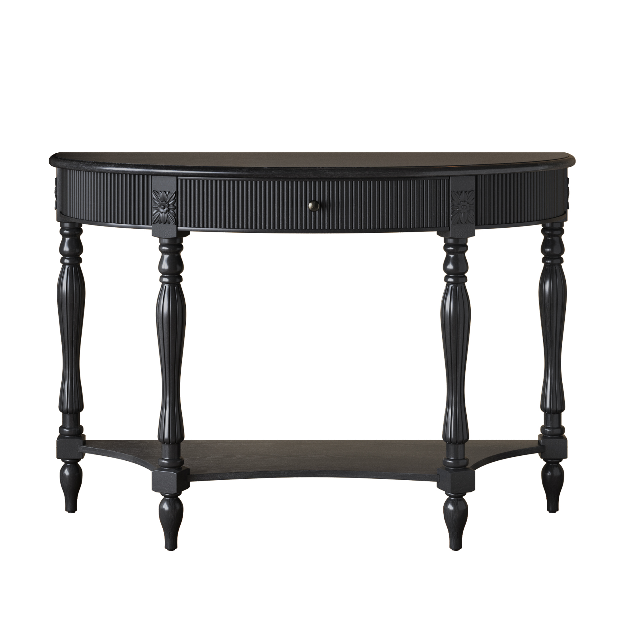 thumbnail video image 2 of Atumcto Half Moon Console Table with Drawer and Shelf, Fluted Entryway Sofa Table with Roman Column Legs for Hallway and Living Room, Black, 2 of 11