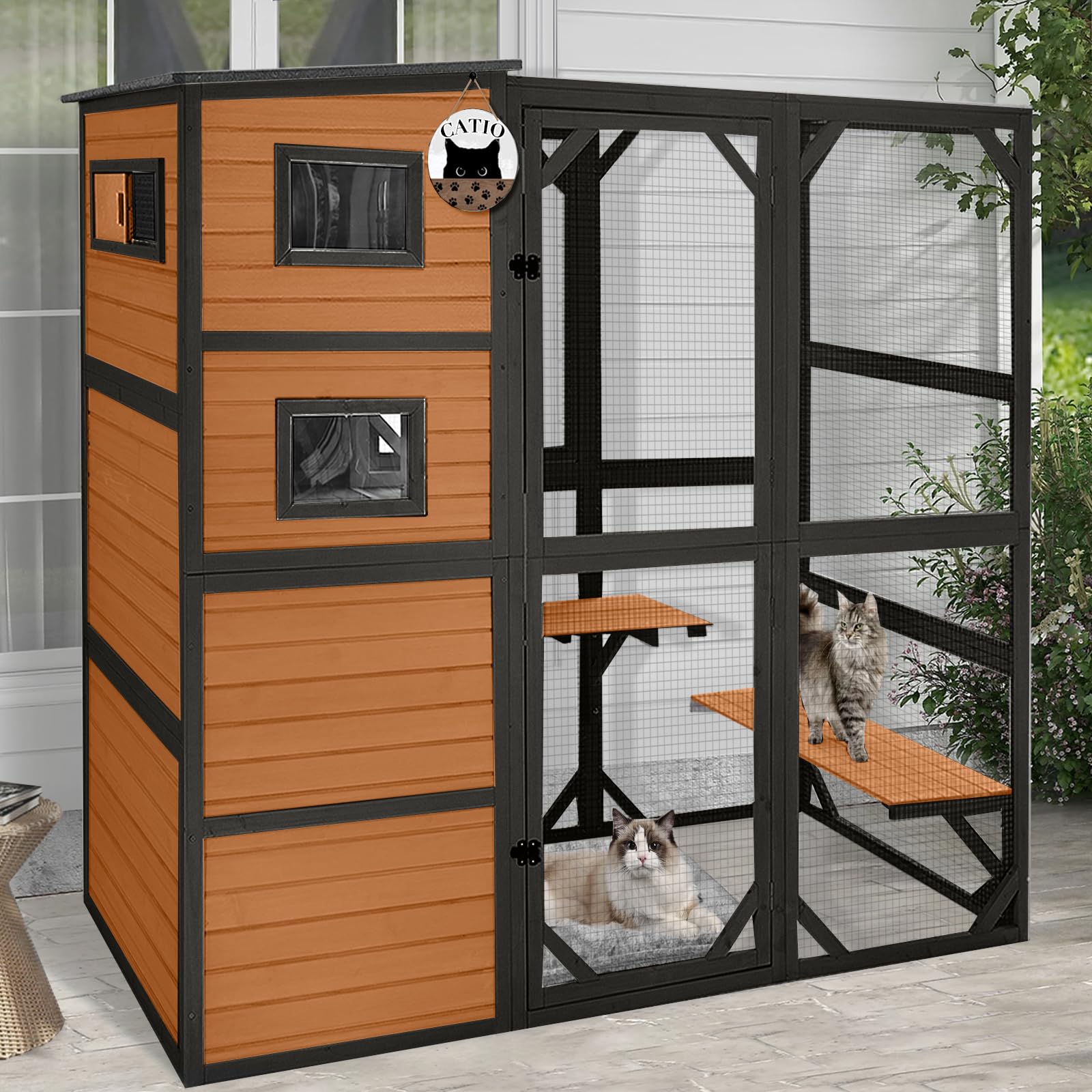 thumbnail video image 2 of BUTINGLALE Outdoor Cat House,Big Catio Cat Enclosures 4 Tiers Wooden Feral Cat Shelter with Large Interior Space (Brown, Extra Large), 2 of 8