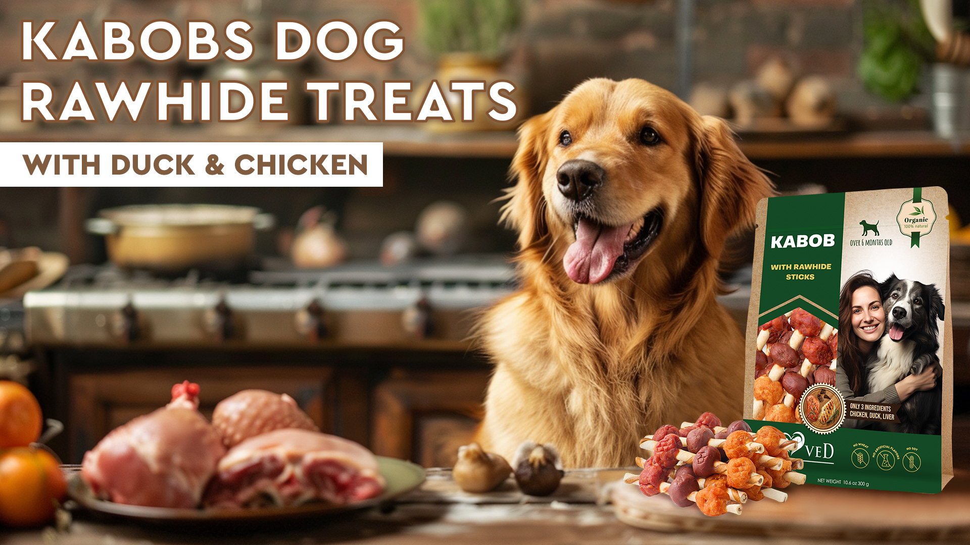 Kabobs Dog Rawhide Treats with Duck Chicken Human Grade Meat All Natural Organic Dried Snacks Grain Free Long Lasting Chews for Large Small