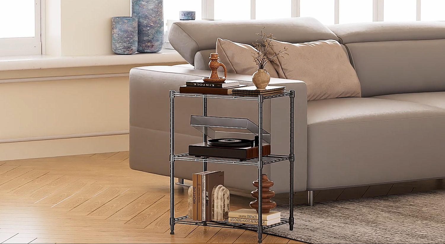 thumbnail video image 2 of IZEUK 3-Tier Wire Shelf for Laundry Room Book Adjustable, 450 lbs Capacity, 17.7" W x 11.8" D x 26.3" H,Chrome, 2 of 9