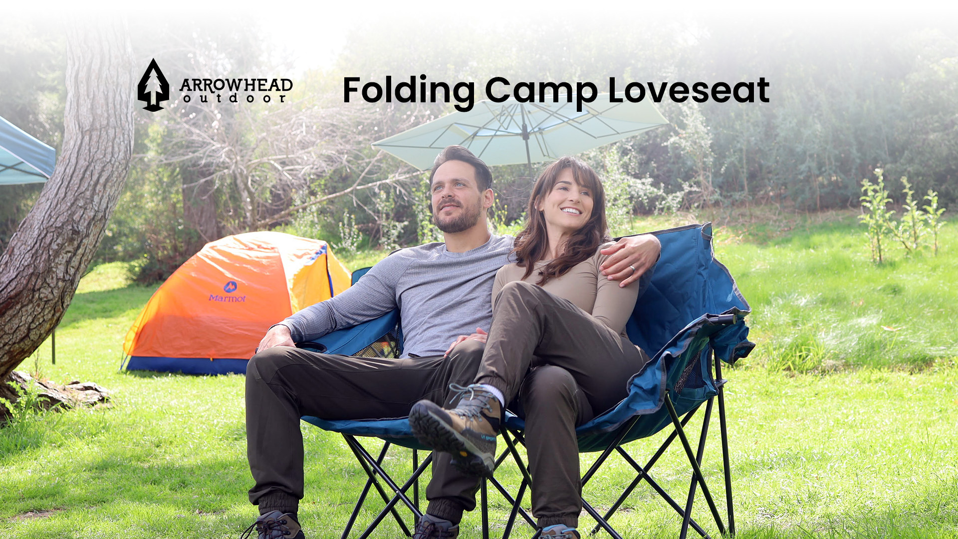 thumbnail video image 2 of Arrowhead Outdoor Double Duo Portable Camping Chairs with 2 Cup & Wine Glass Holder, Gray Geometric, 2 of 8