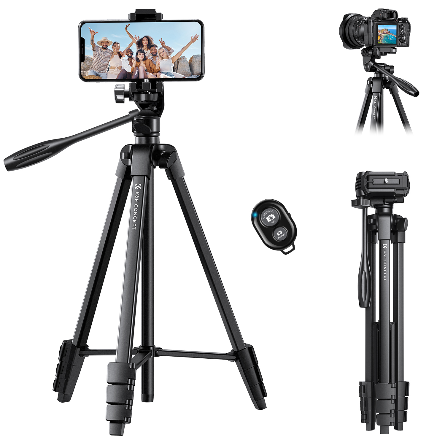 thumbnail video image 2 of K&F CONCEPT 60" Ultra Lightweight Camera Phone Tripod Stand with Remote, Cellphone Holder, 360° Panorama, Cold Shoe Interface, Portable Travel Tripod, 2 of 9