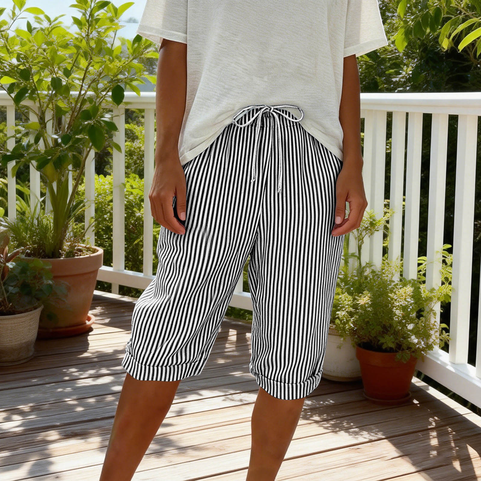 thumbnail video image 2 of Womens Capri Pants Casual Striped Knee Length Capris Summer Elastic Waist Wide Leg Beach Shorts with Pockets, 2 of 11