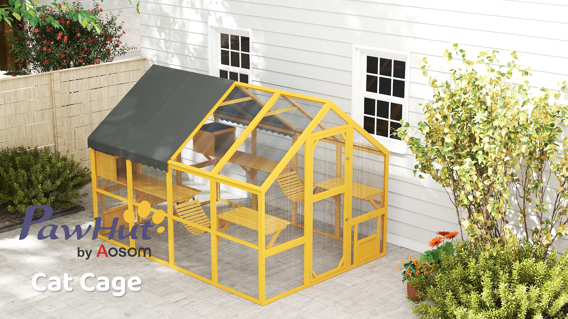 thumbnail video image 2 of PawHut Large Catio Outdoor Cat Enclosure, Wooden Cat House for Multiple Kittens with Waterproof Cover, 2 Condos, 6 Platforms, Bridge, Doors, Yellow, 2 of 10