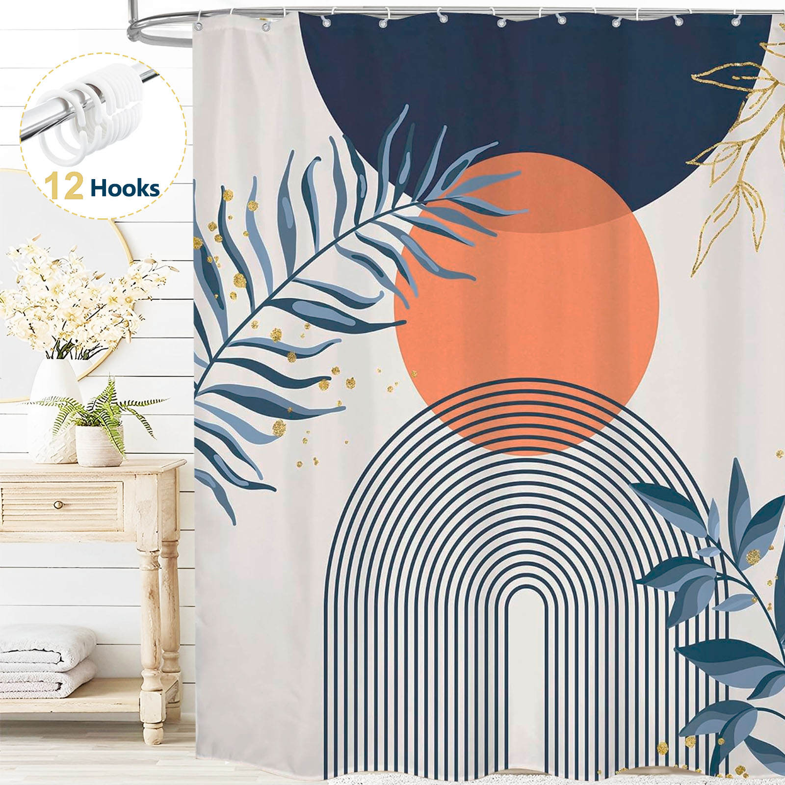 thumbnail video image 2 of Dznils Boho Shower Curtain with Hooks, Modern Abstract Fabric Bathroom Curtain, 72" x 72", Navy Blue, 2 of 12
