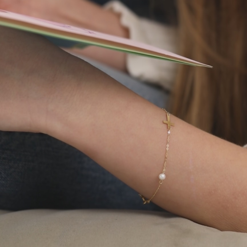 thumbnail video image 2 of 5-6" Polished Cross Baby/Toddler Bracelet Freshwater Cultured Pearl - 14k Gold, 2 of 5