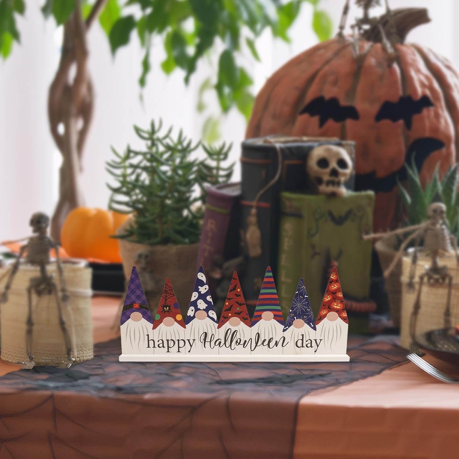 thumbnail video image 2 of Double Sided Happy Halloween Thanksgiving Sign, 14.6×6 Inch Wooden Gnome Table Top Decor, Indoor Tabletop Centerpieces Shelf Desk Mantel Rustic Decorations for Home Office, 2 of 7