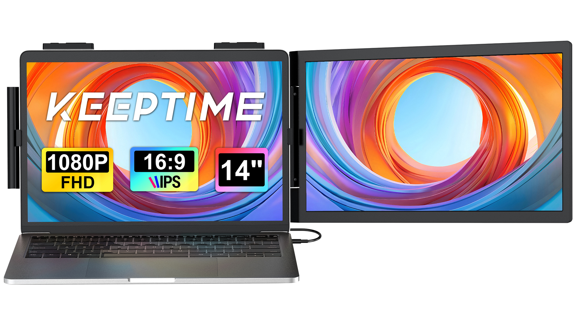 thumbnail video image 2 of KEEPTIME 14" FHD 1080P IPS Laptop Screen Extender, Portable Monitor for 14-17" Notebooks, Dual Display with USB-C HDMI, Plug and Play for Windows Mac Android Switch PS5, 2 of 9