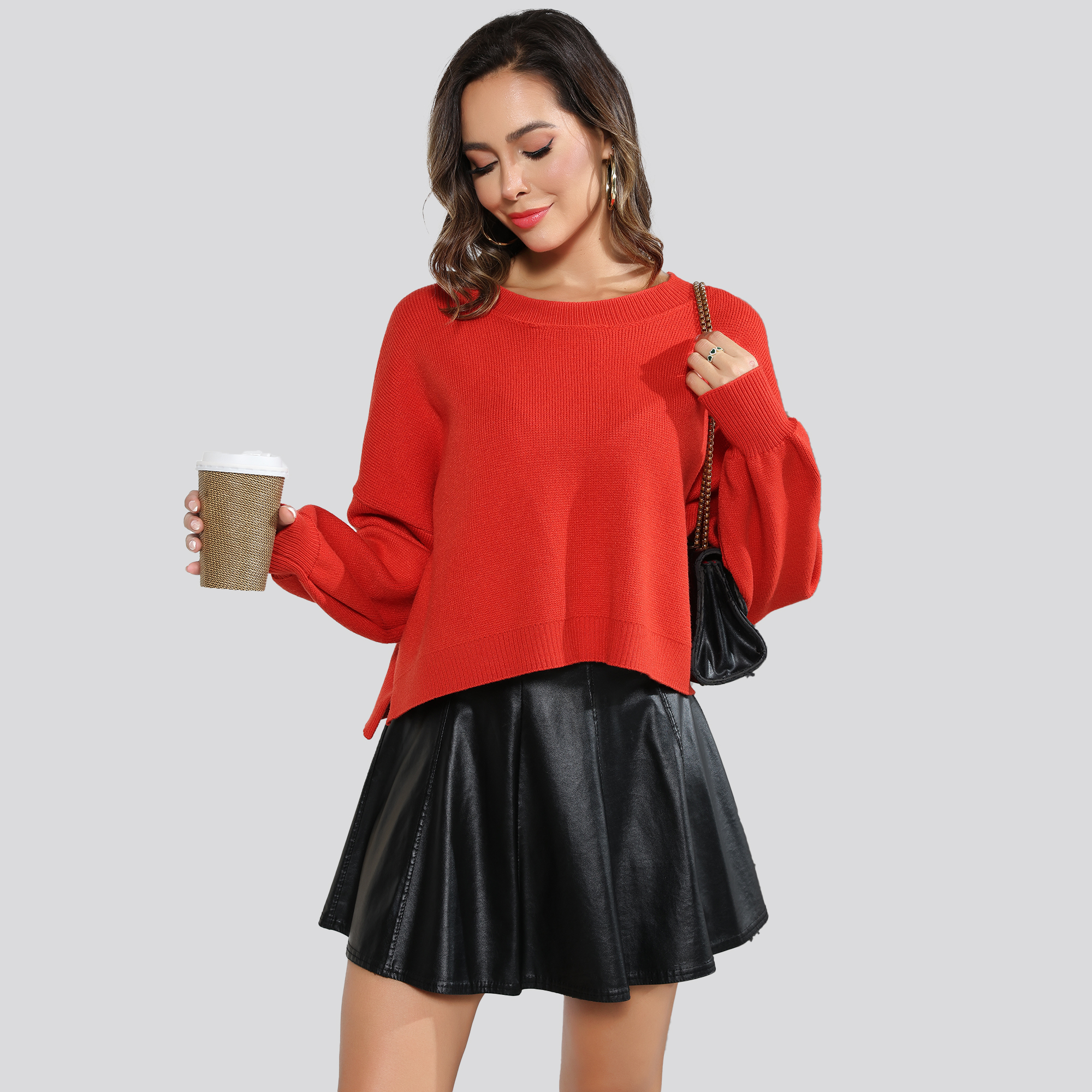 thumbnail video image 2 of VENUZOR Women's 2024 Fall Crew Neck Batwing Long Sleeve Sweaters Oversized Ribbed Side Slit Knit Pullover Tops, 2 of 10