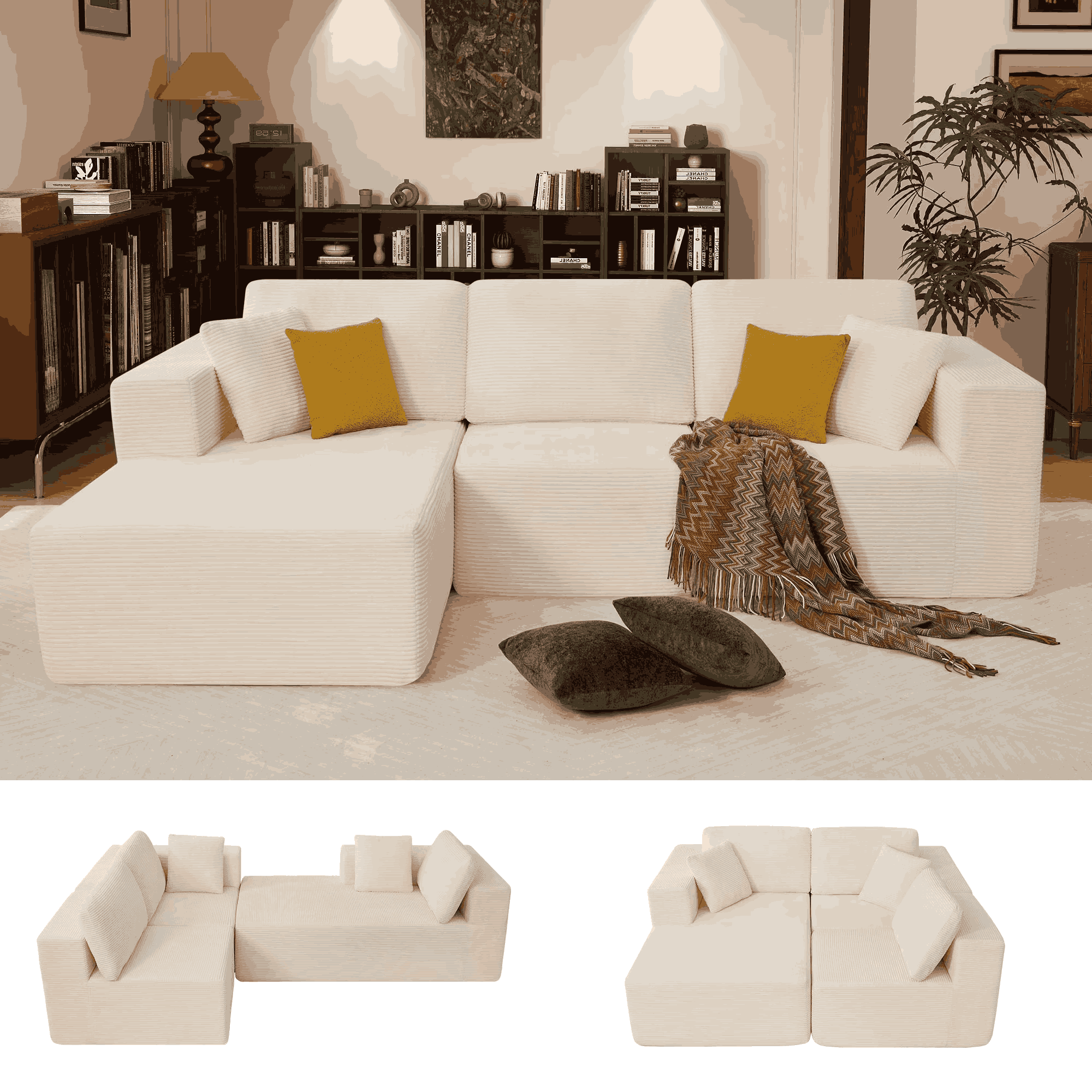 thumbnail video image 2 of JONPONY 109”Cloud Sectional Couch, Boneless Modular Sofa with L-Shape Chaise, Deep Seat Corduroy Couch, No Assembly Required, Modern Upholstered Sectional for Living Room Apartment Bedroom,Beige, 2 of 11
