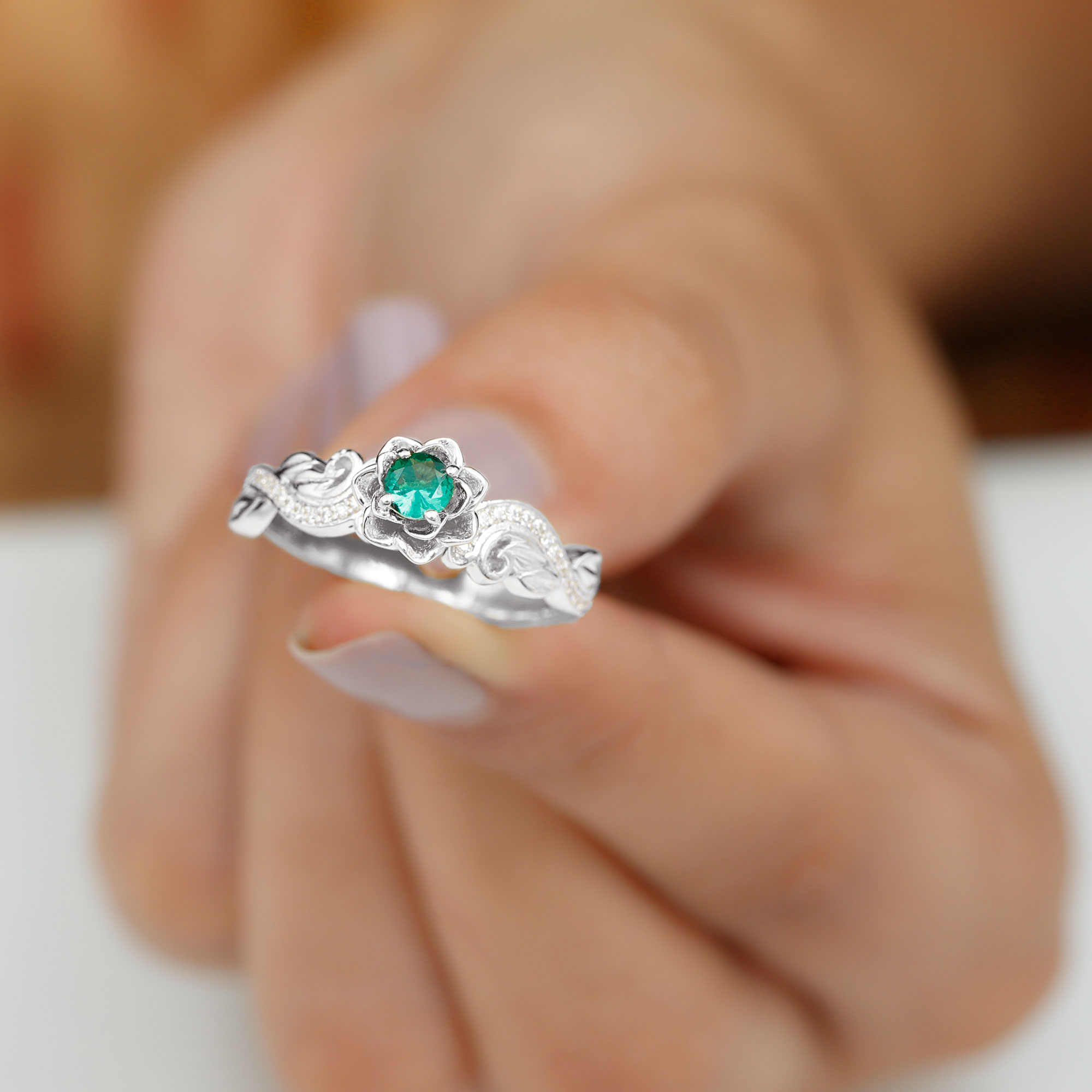 thumbnail video image 2 of Rosec Jewels Lab Grown Emerald Flower Engagement Ring - Emerald Moissanite Ring for Women - AAAA Quality - with Jewelry Box, 18K Yellow Gold, US 3.50, 2 of 9