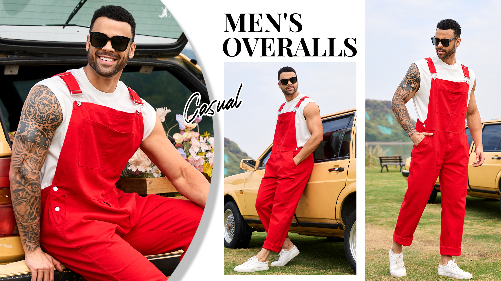 thumbnail video image 2 of Overalls for Men Work Utility Coveralls Fashion Bib Romper Jumpsuit with Zipper Fly(Red,M), 2 of 9