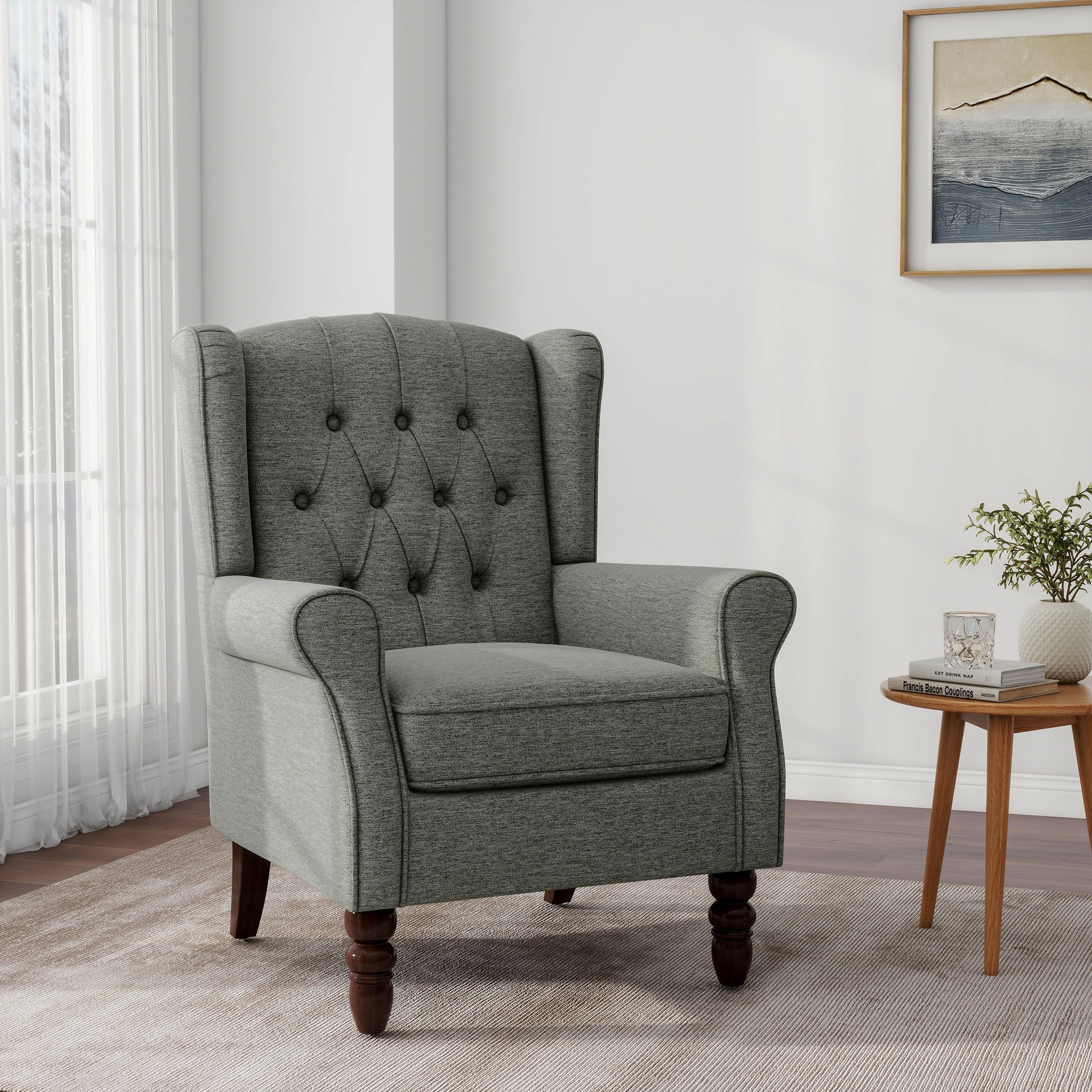 thumbnail video image 2 of UIXE Wingback Chair Upholstered Armchair in Fabric Retro Wing Back Chairs for Living Room, Beige Tufted, 2 of 7