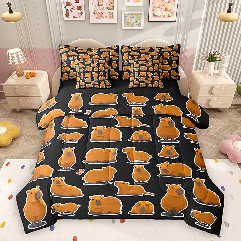 thumbnail video image 2 of Homewish Underwater Animal Capybara 7-Piece Twin Bedding Sets,Brown Black Bedding Comforter Set,Lovely Kapibara Sheet Sets For Kids,Luxury Bedroom Decor Reversible, 2 of 9
