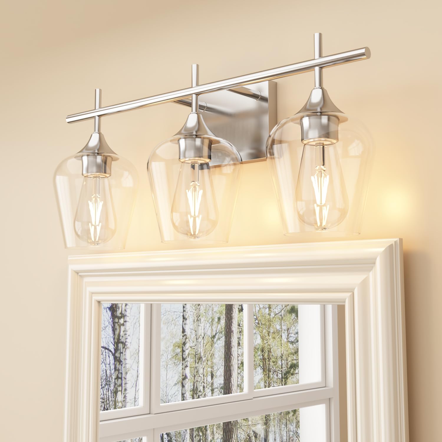 thumbnail video image 2 of Homechoose 3-Light Vanity Light, Silver, Dimmable, LED, Corded Electric, Vanity Lights with Clear Glass Globe Shade, 2 of 11
