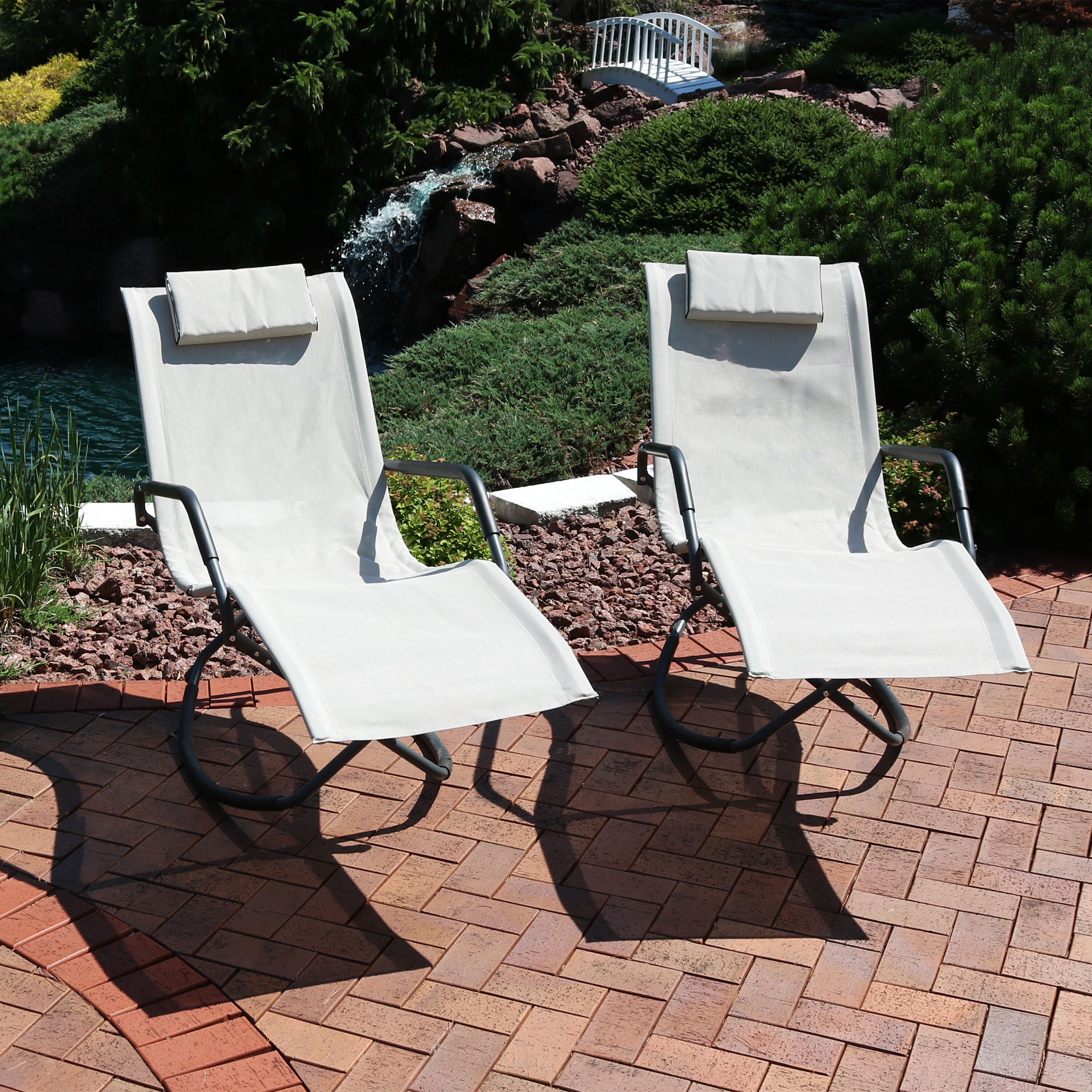 thumbnail video image 2 of Sunnydaze Steel Outdoor Chaise Lounge Chair with Pillow - Set of 2, Beige, 2 of 7