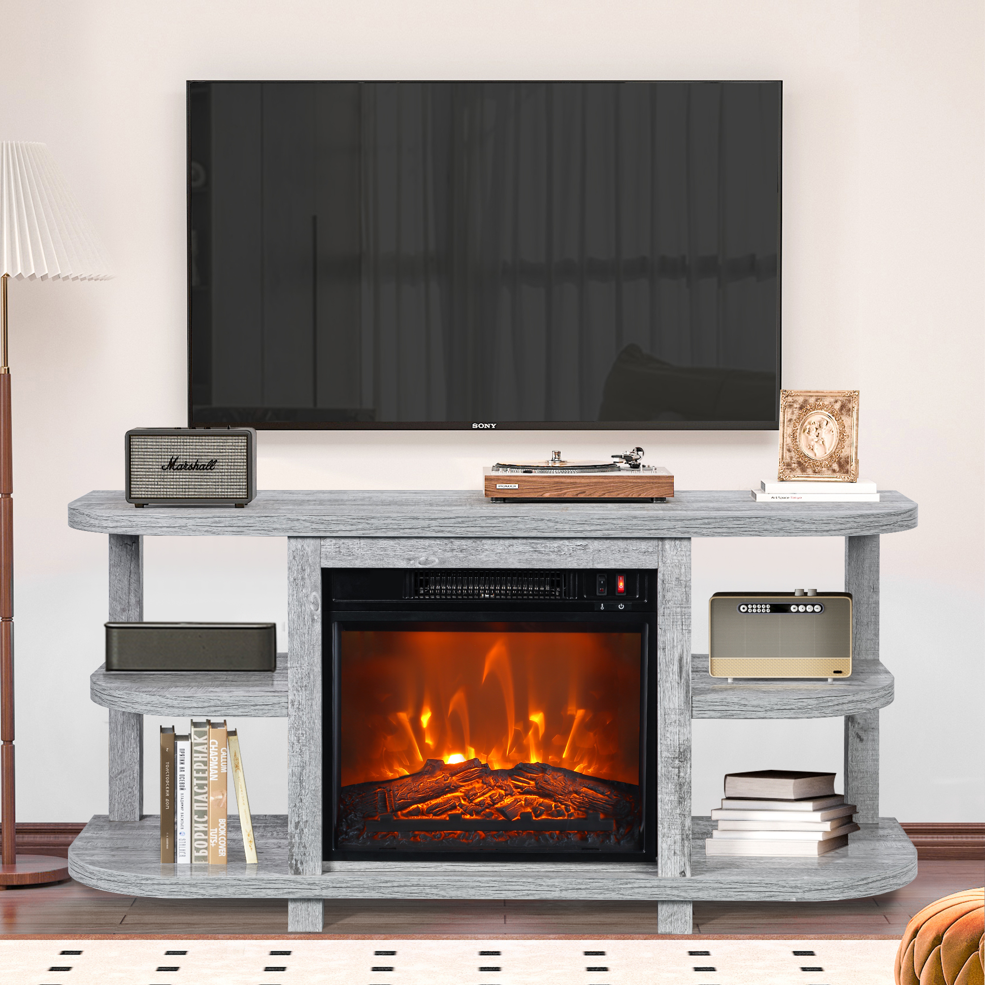 thumbnail video image 2 of IHOMEadore Fireplace TV Stand for TVs Up to 55", 48" Entertainment Center Console with 18" Electric Fireplace, 2 of 13