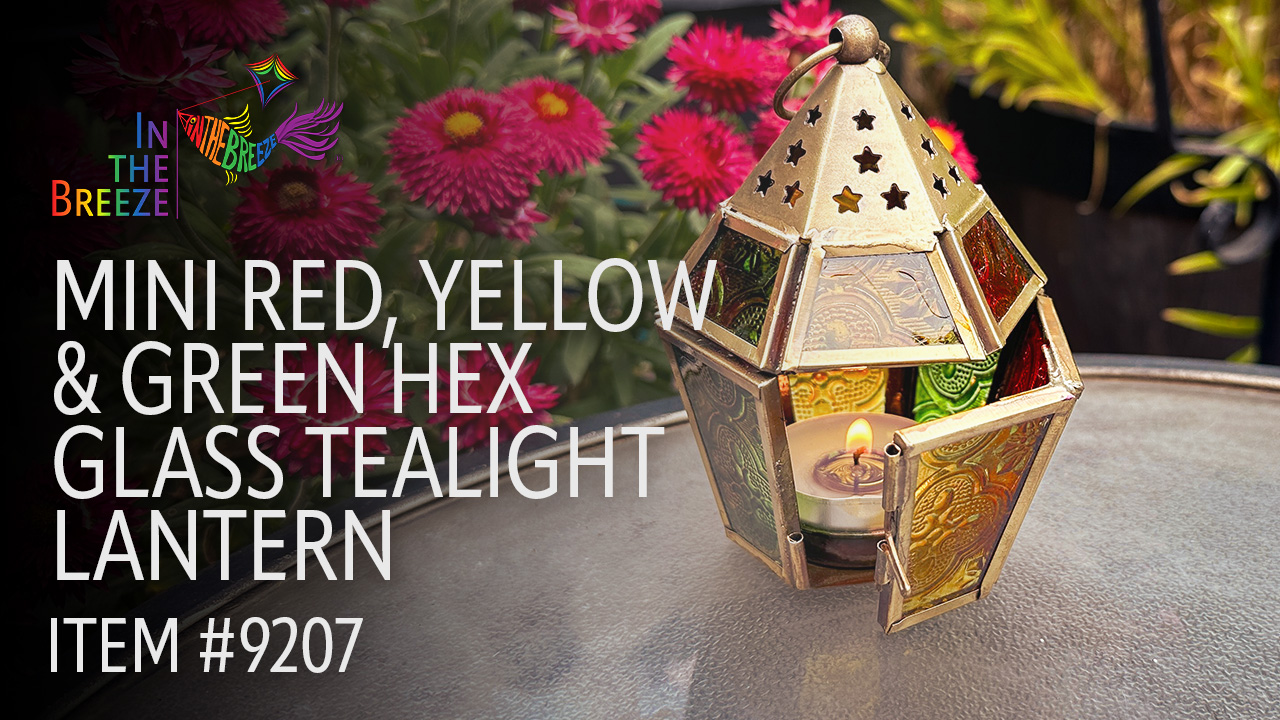 thumbnail video image 2 of In the Breeze 9207 — Red, Yellow & Green Mini Hex Tealight Lantern — Moroccan-Style Boho Chic Tealight Glass and Metal Tabletop Lantern, 2 of 6