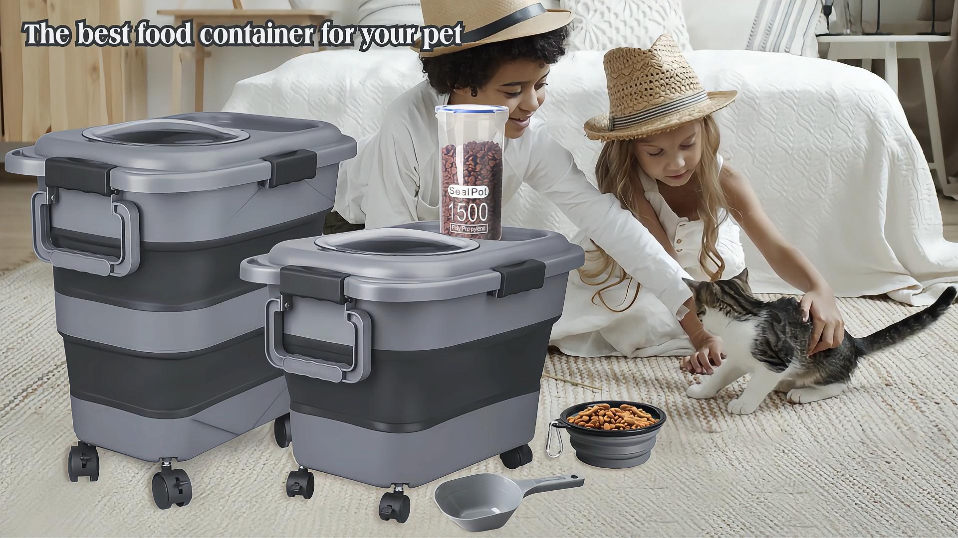 thumbnail video image 2 of TIOVERY Dog Food Storage Container, 23-25 lbs Airtight Collapsible Cat & Pet Dry Food Storage bin with Attachable Wheels (Dark Grey), 2 of 10