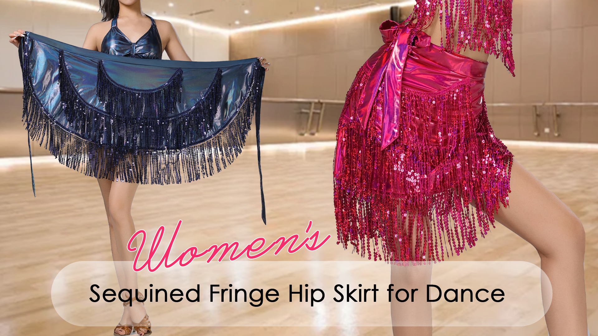 thumbnail video image 2 of FEOYA Belly Dance Hip Scarf Womens Latin Dance Hip Scarf Sequins Fringe Triangle Coins Wrap Skirt Hip Scarf for Cha-cha Tango Samba Rave Salsa Rumba Rose Red, 2 of 7