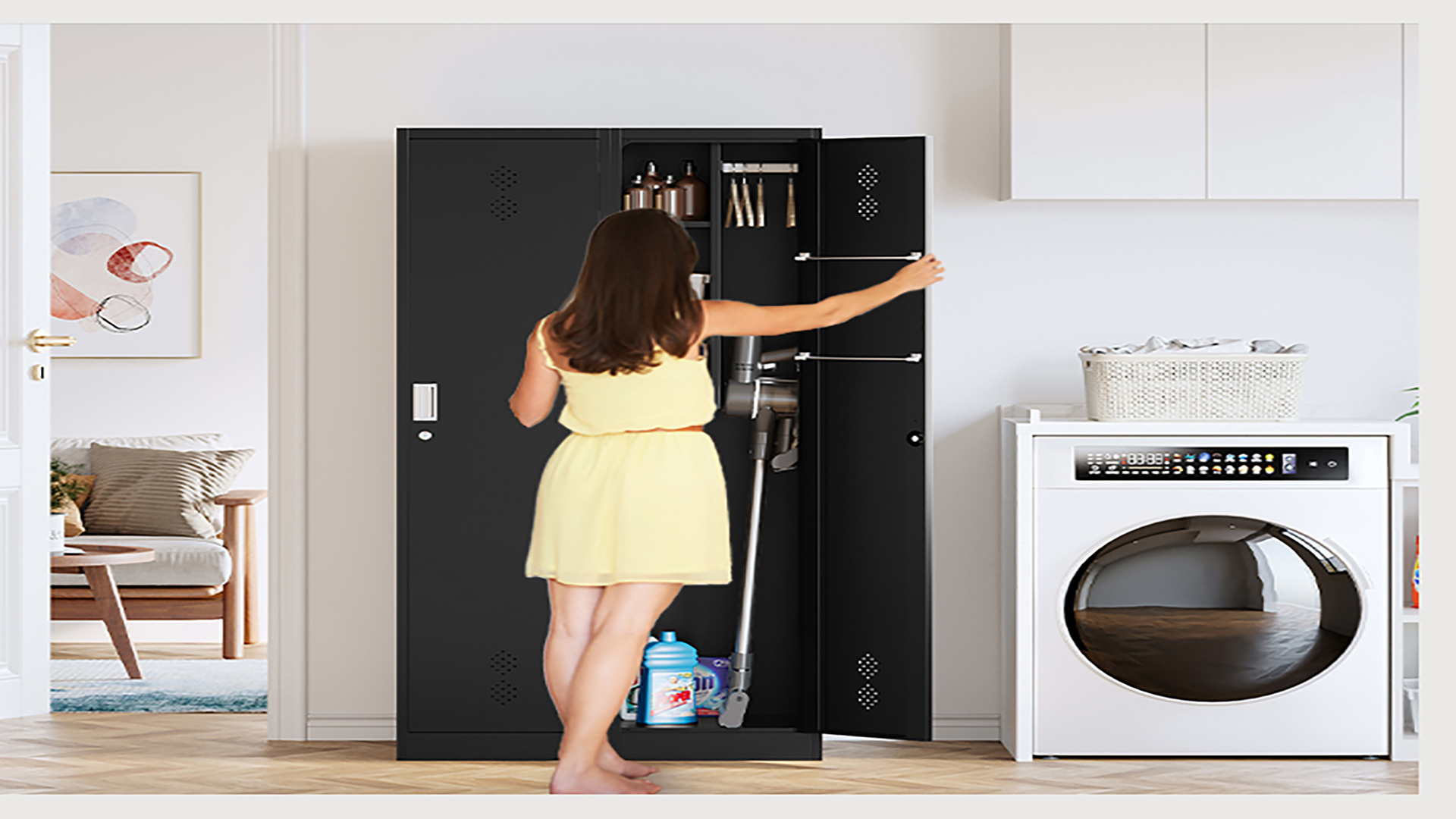 thumbnail video image 2 of STANI Broom Closet Storage Cabinet Metal Cleaning Tool Cabinet Janitorial Utility Cabinet Cleaning Supplies with Locking Door Broom Rack Shelf for Broom Mops Garage Storage 71" Black, 2 of 8